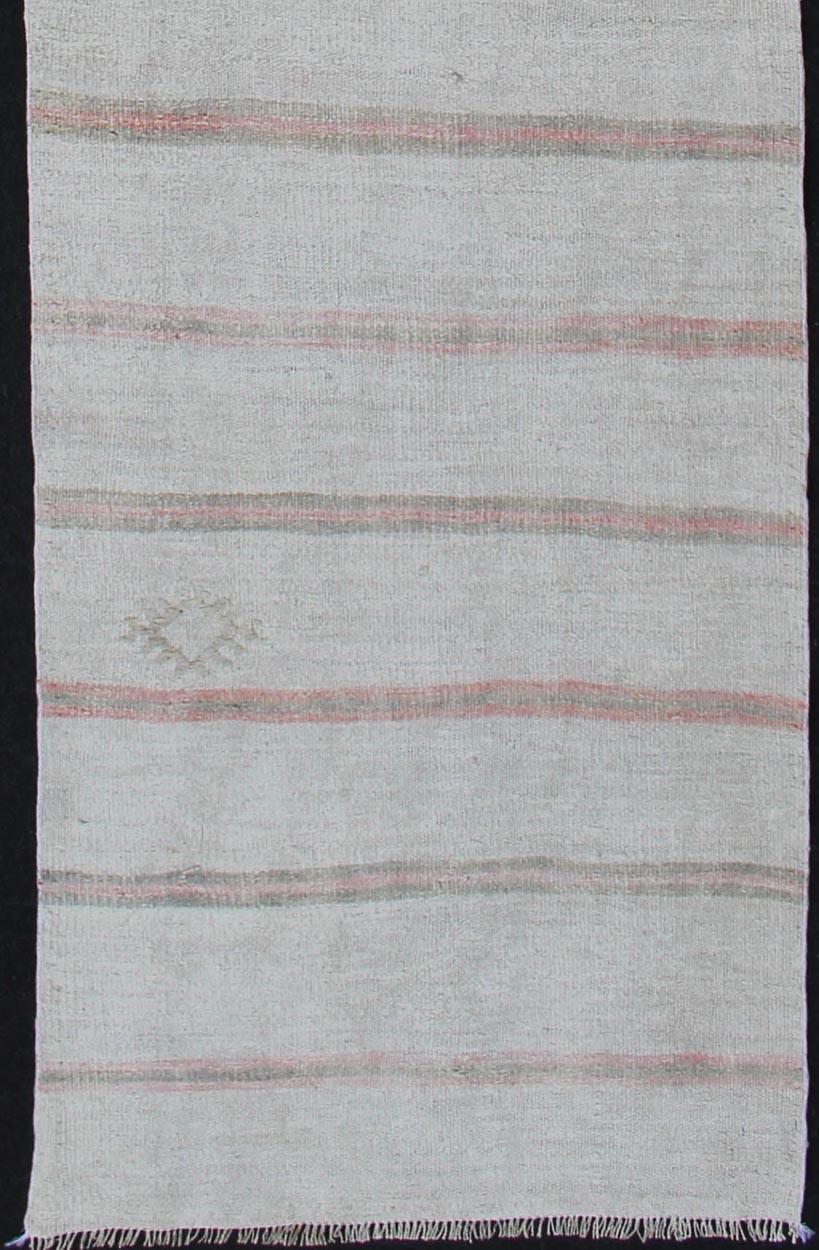 Vintage Turkish Kilim Runner with Stripes in Light Coral and Neutral Tones In Good Condition For Sale In Atlanta, GA