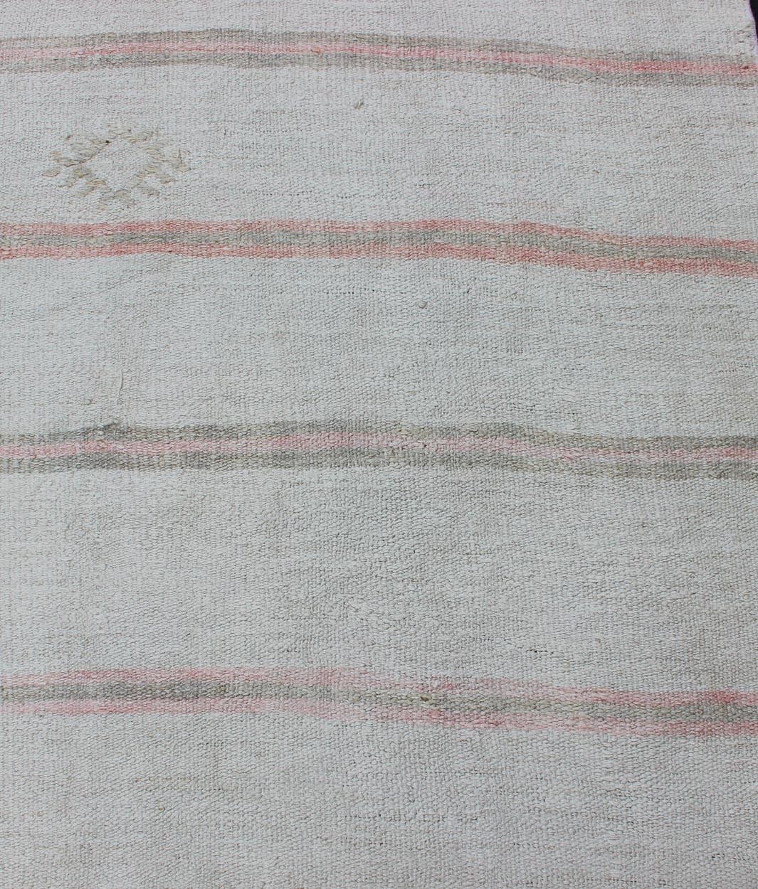 Vintage Turkish Kilim Runner with Stripes in Light Coral and Neutral Tones For Sale 1