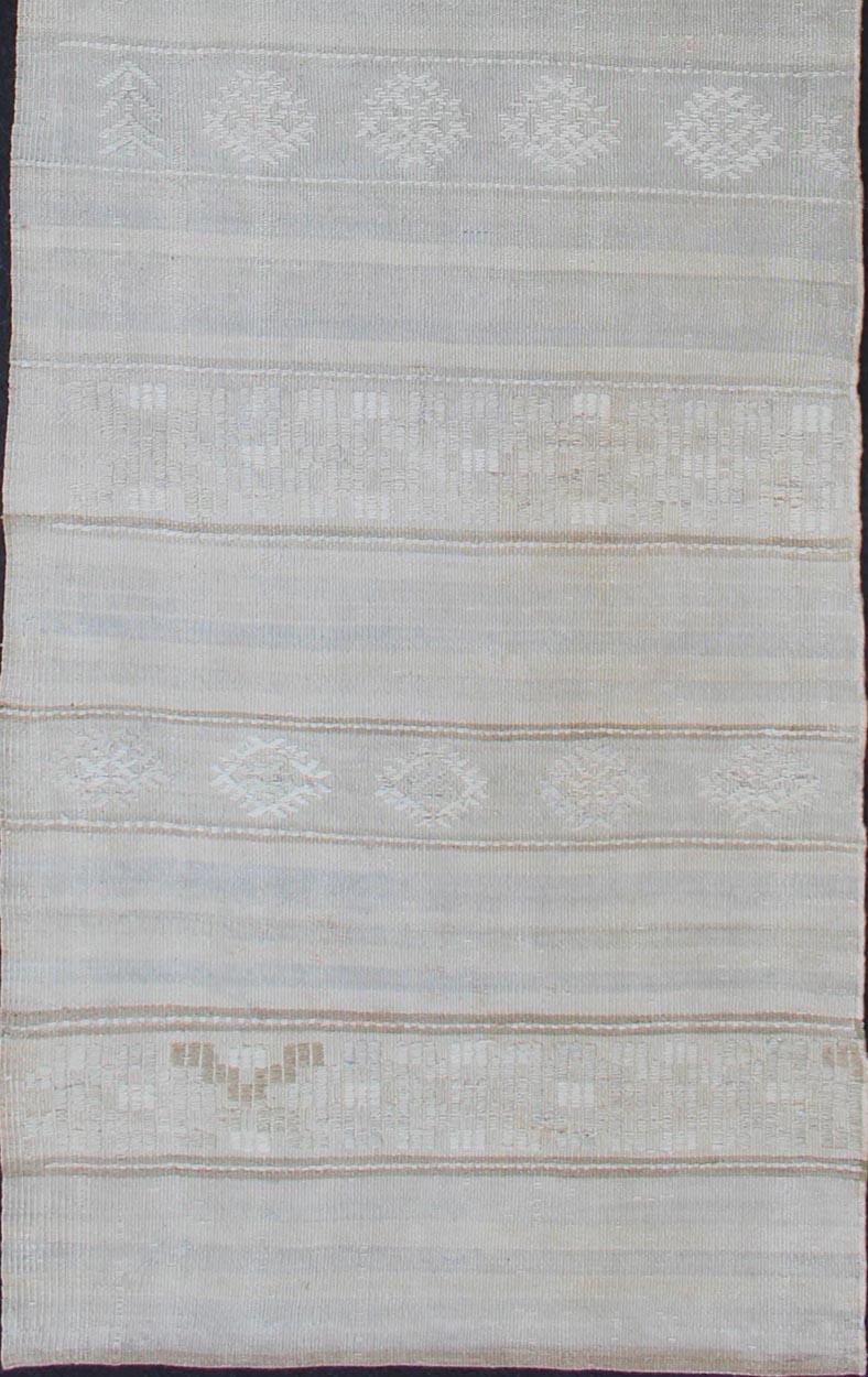 Hand-Woven Vintage Turkish Kilim Runner with Stripes in Light Grey and Muted Tones For Sale