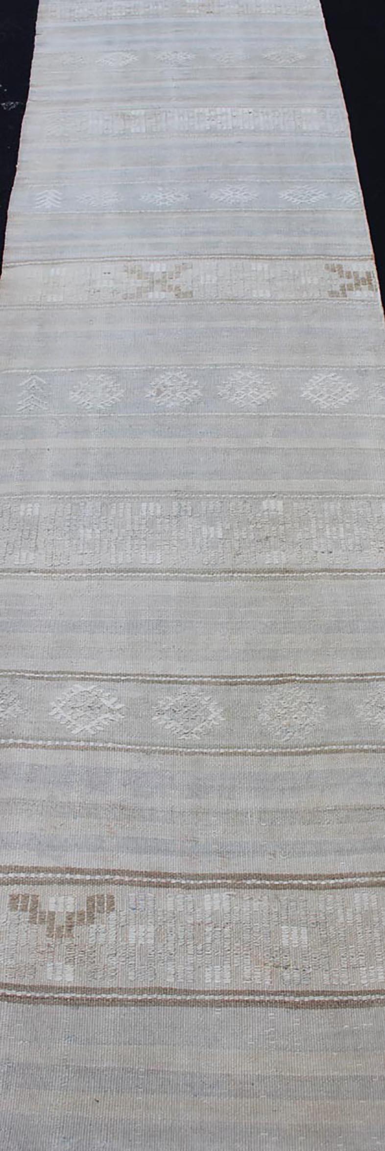 20th Century Vintage Turkish Kilim Runner with Stripes in Light Grey and Muted Tones For Sale