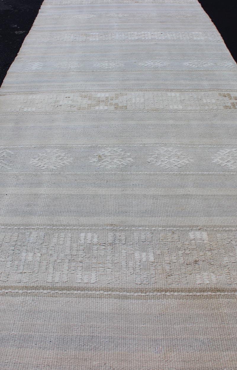Wool Vintage Turkish Kilim Runner with Stripes in Light Grey and Muted Tones For Sale