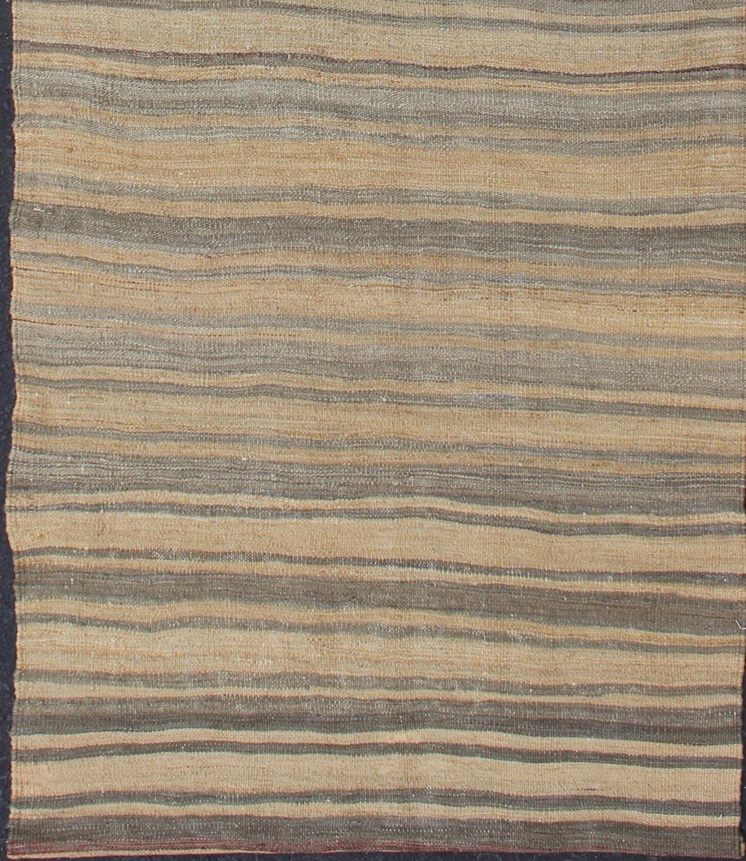 Hand-Woven Vintage Turkish Kilim Runner with Stripes in Light Tan and Neutral Tones For Sale