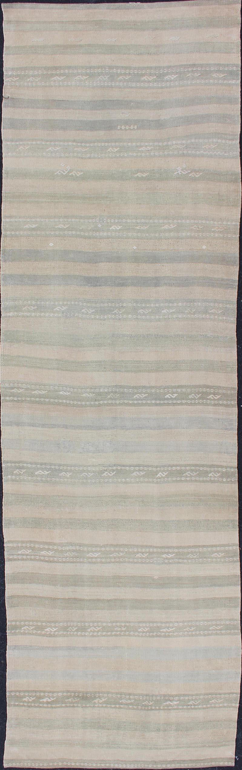 Hand-Woven Vintage Turkish Kilim Runner with Stripes in Light Taupe and Neutral Tones For Sale