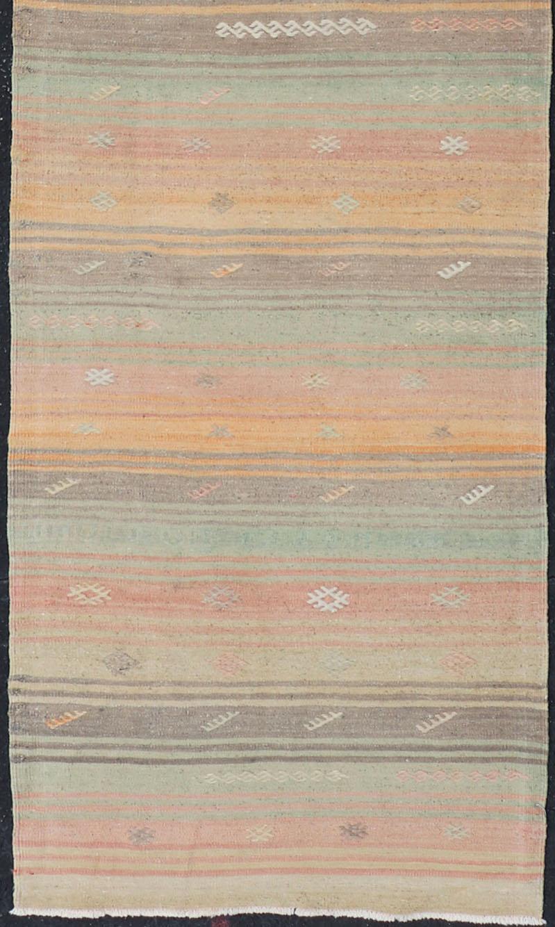 Hand-Woven Vintage Turkish Kilim Runner with Stripes in Multi Soft Colors For Sale