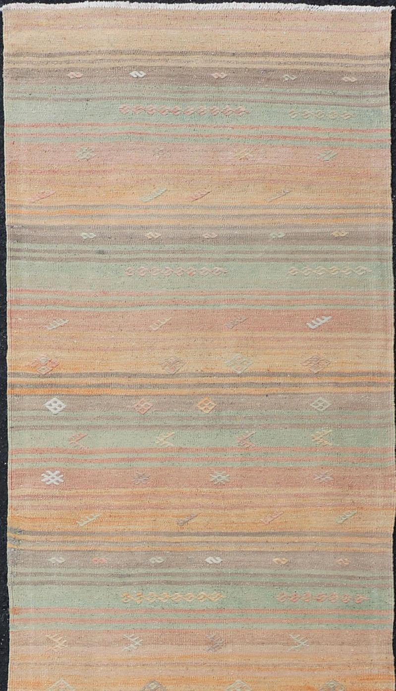 Vintage Turkish Kilim Runner with Stripes in Multi Soft Colors In Good Condition For Sale In Atlanta, GA