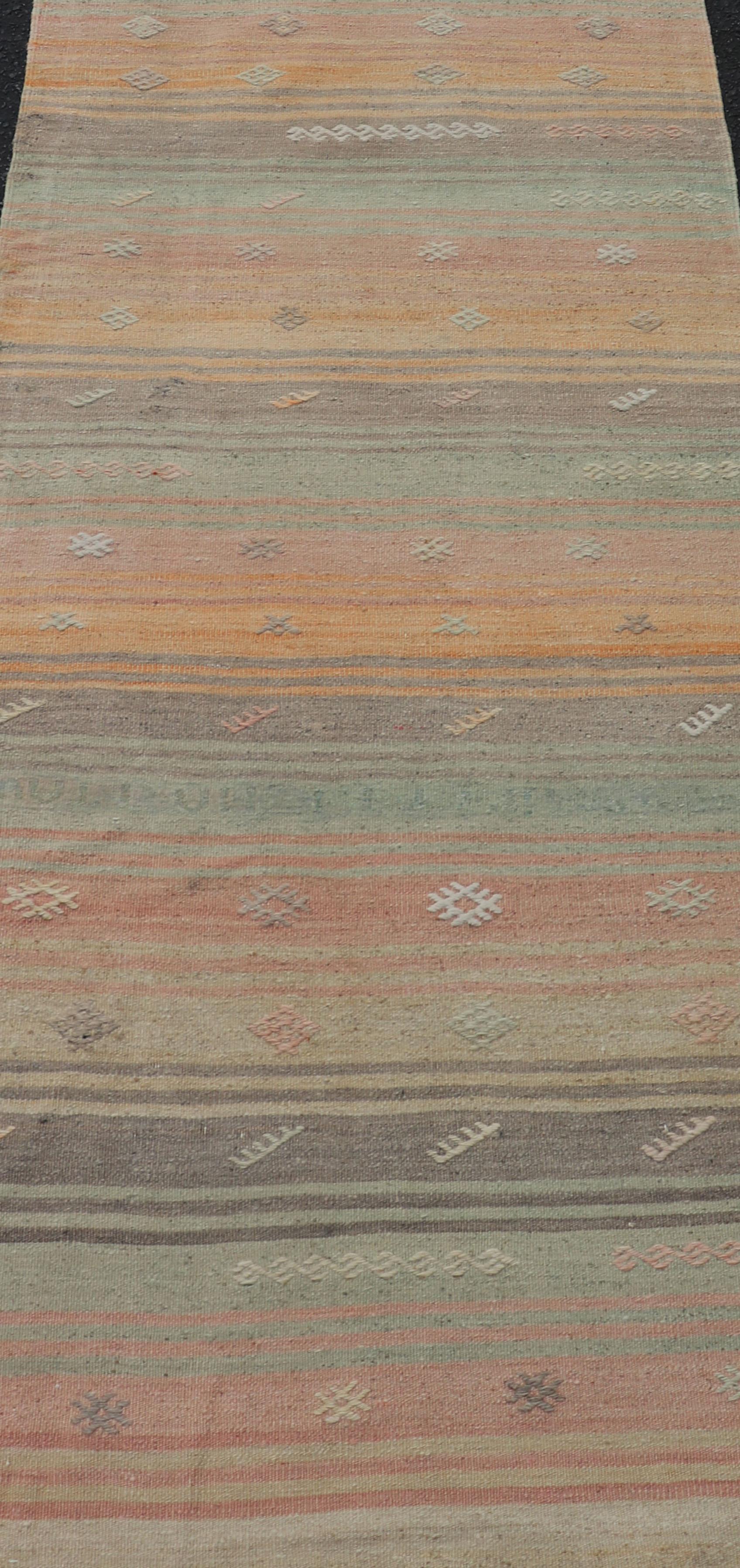 Wool Vintage Turkish Kilim Runner with Stripes in Multi Soft Colors For Sale