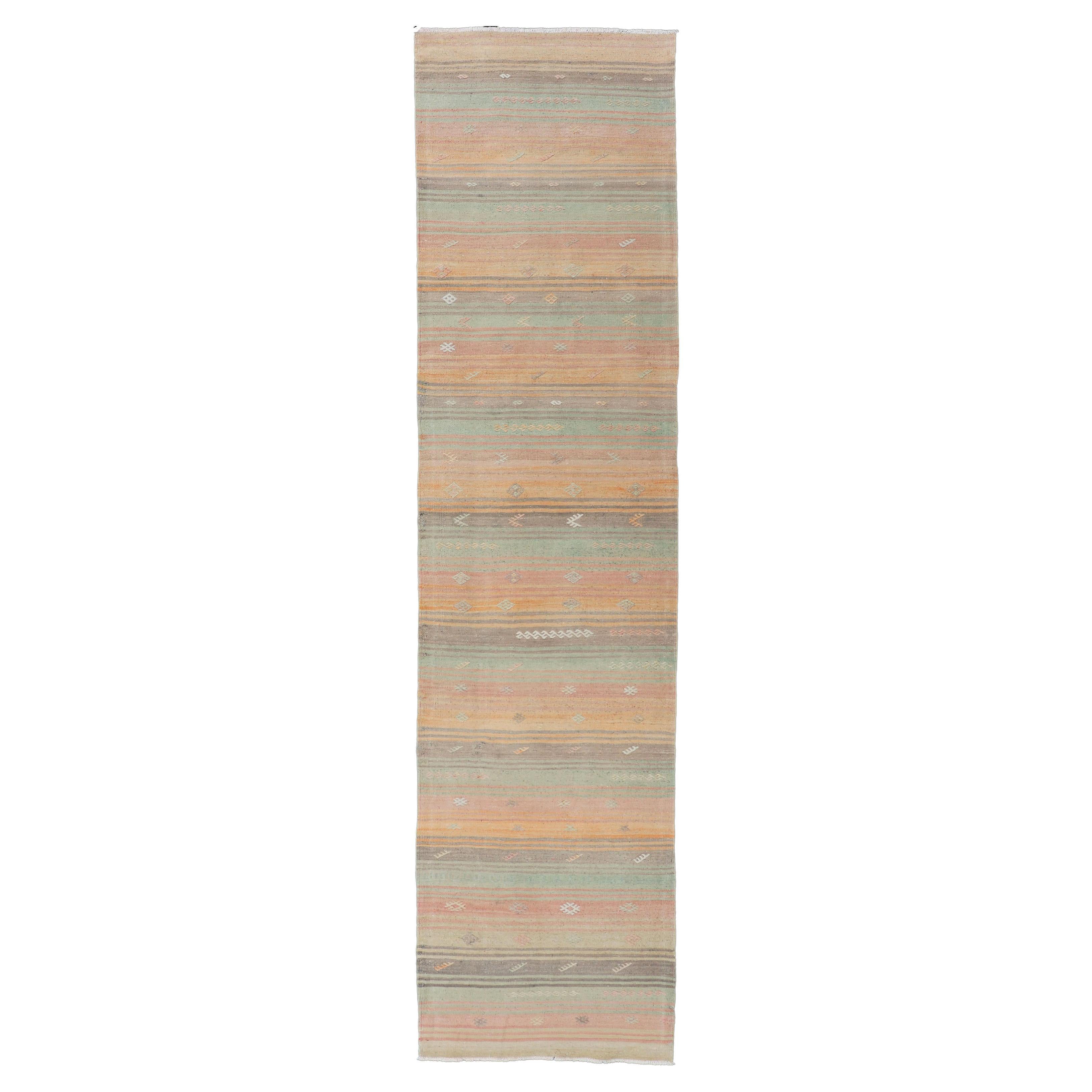 Vintage Turkish Kilim Runner with Stripes in Multi Soft Colors