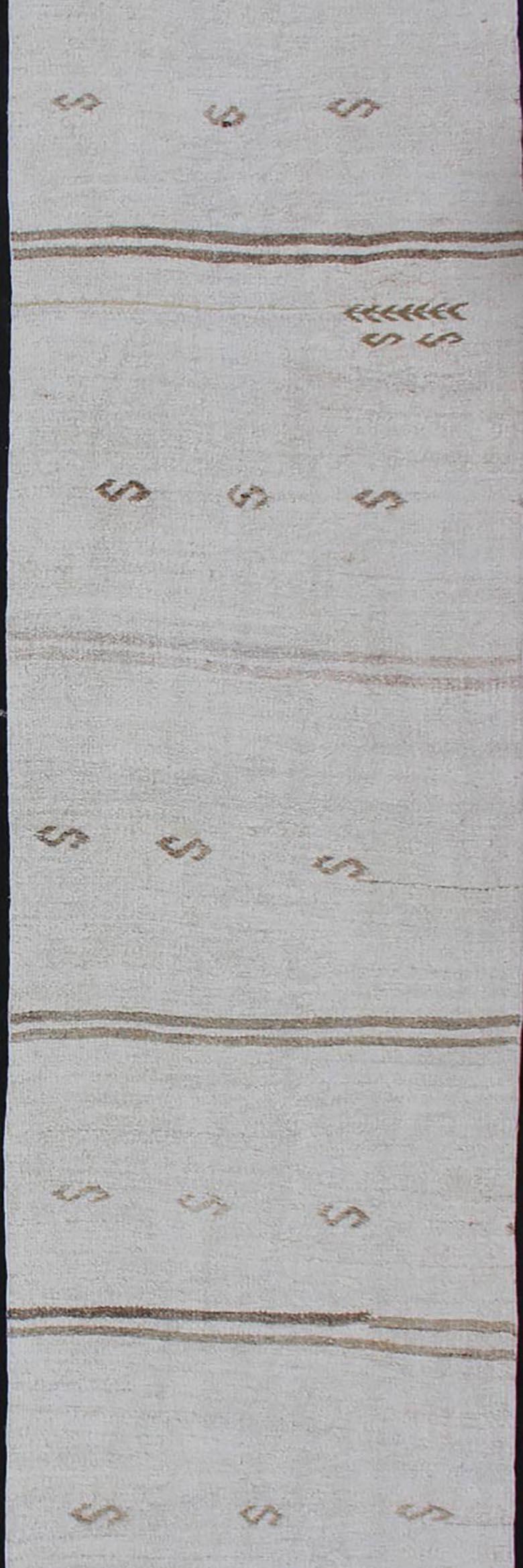 Wool Vintage Turkish Kilim Runner with Stripes in off White & Light Brown For Sale