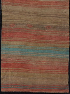 Vintage Turkish Kilim Runner with Stripes in Orange, Taupe, Tan, Cream & Blue