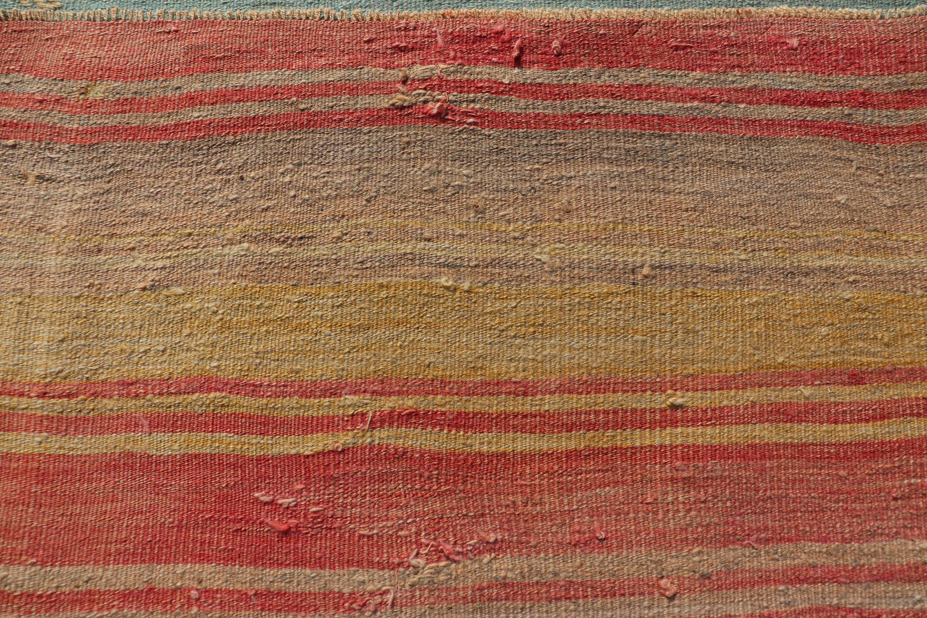 Alfombra Turca Kilim Vintage con Rayas en Naranja, Topo, Marrón, Crema y Azul Turco en venta