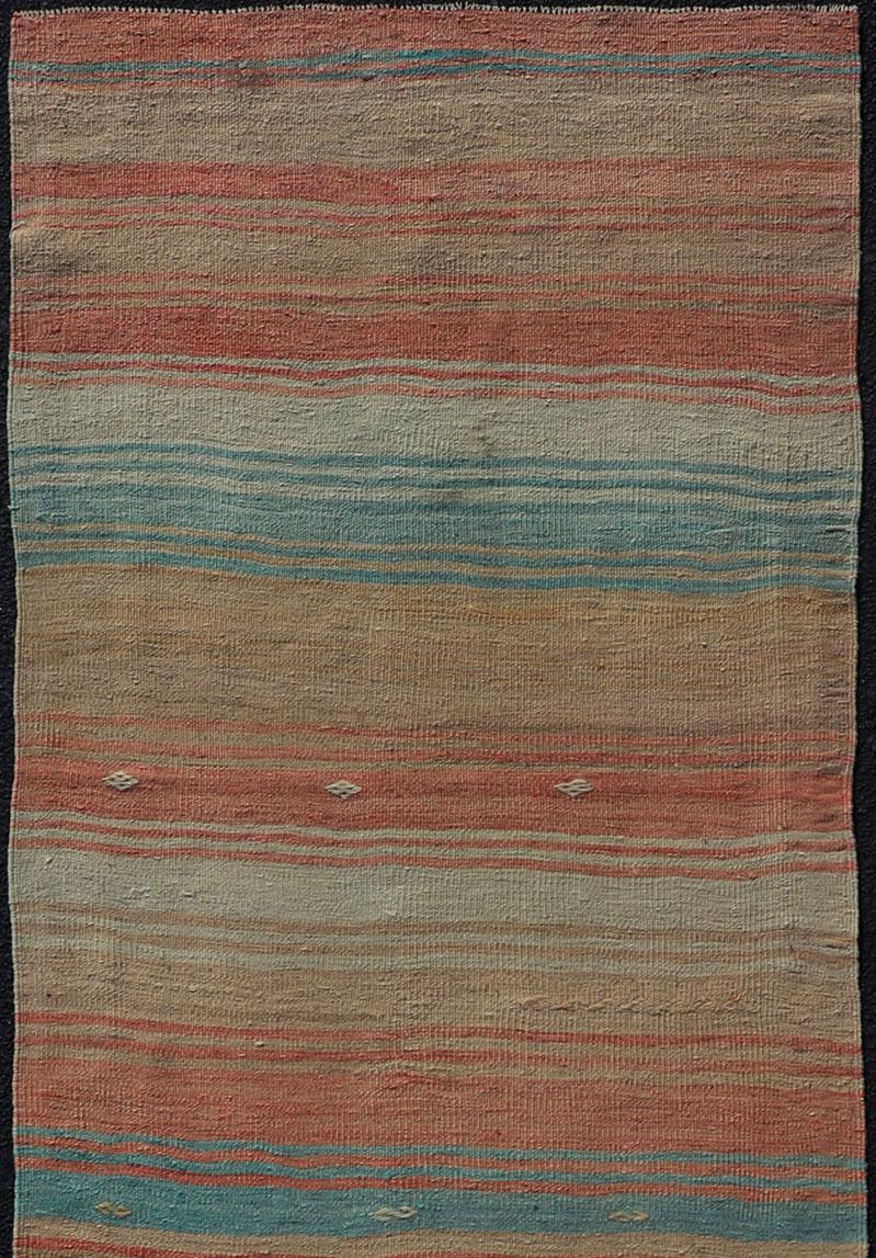 Alfombra Turca Kilim Vintage con Rayas en Naranja, Topo, Marrón, Crema y Azul Lana en venta