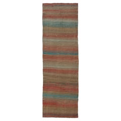 Runner Kilim turco vintage con strisce in arancione, taupe, tan, crema e blu