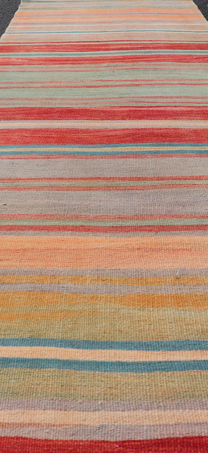Vintage Turkish Kilim Runner with Stripes in Red, Green, Yellow, and Multi Color For Sale 4