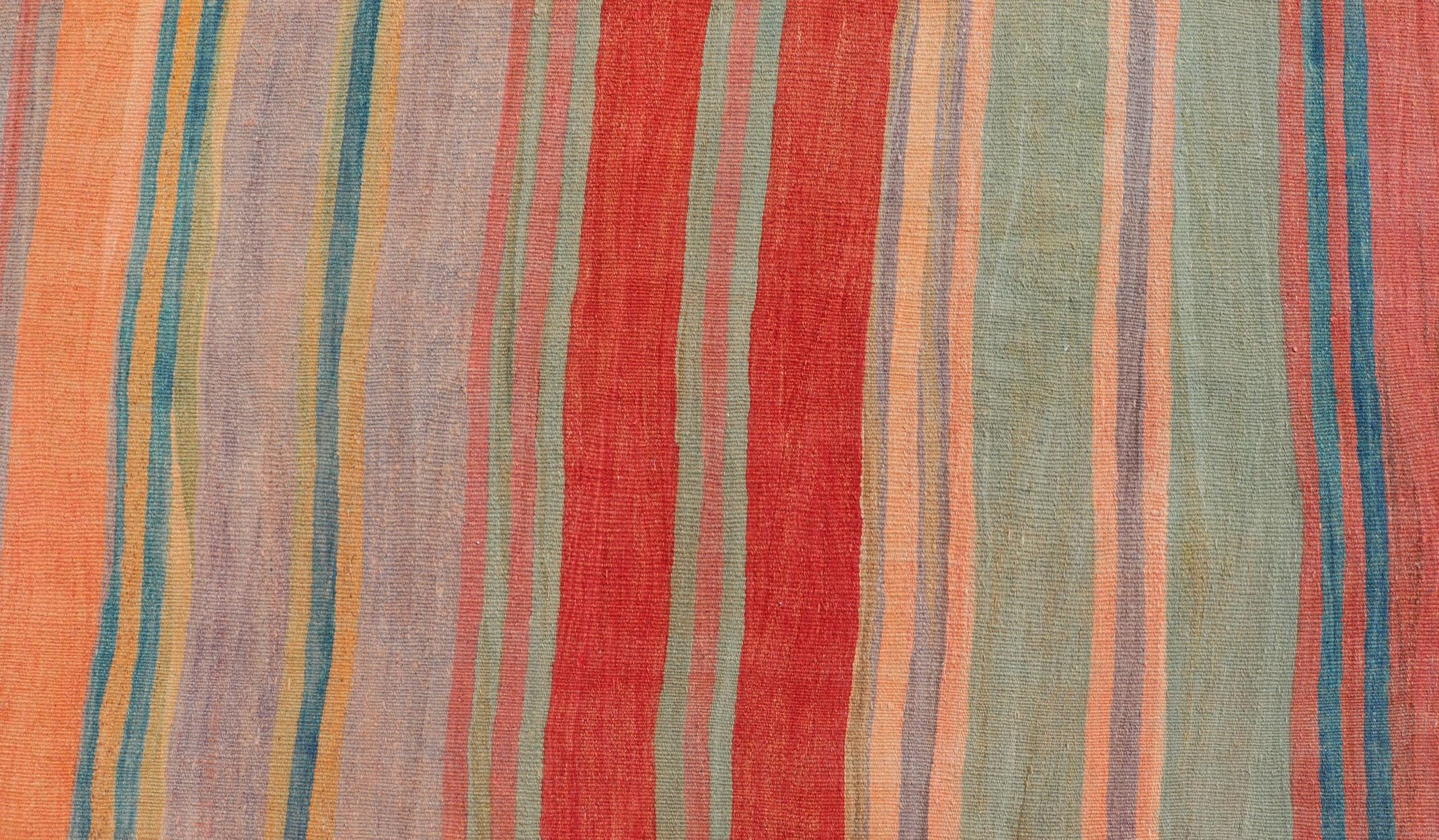 Hand-Woven Vintage Turkish Kilim Runner with Stripes in Red, Green, Yellow, and Multi Color For Sale