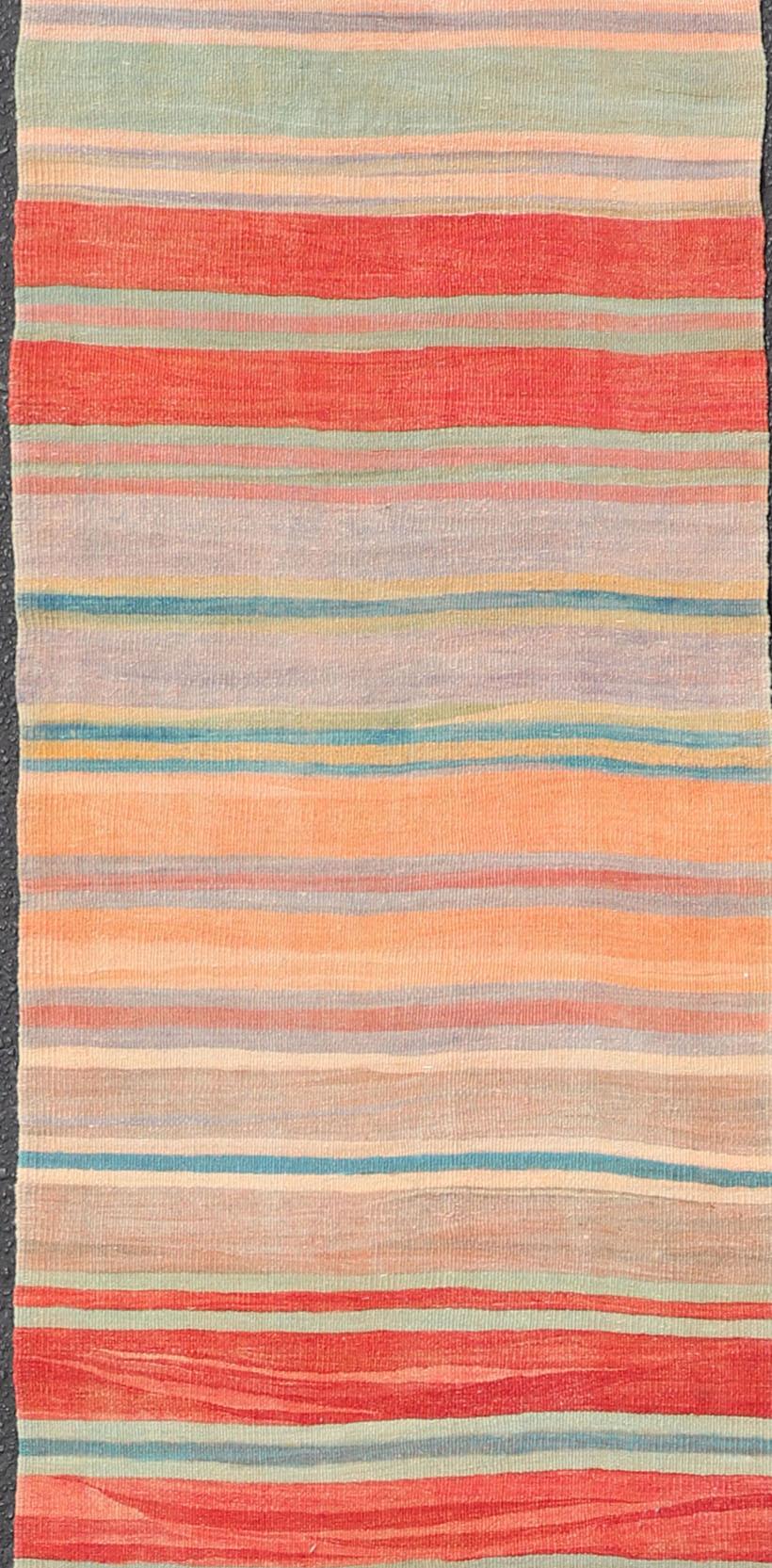 20th Century Vintage Turkish Kilim Runner with Stripes in Red, Green, Yellow, and Multi Color For Sale