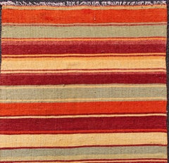 Vintage Turkish Kilim Runner with Stripes in Red, Green, Yellow, and Orange