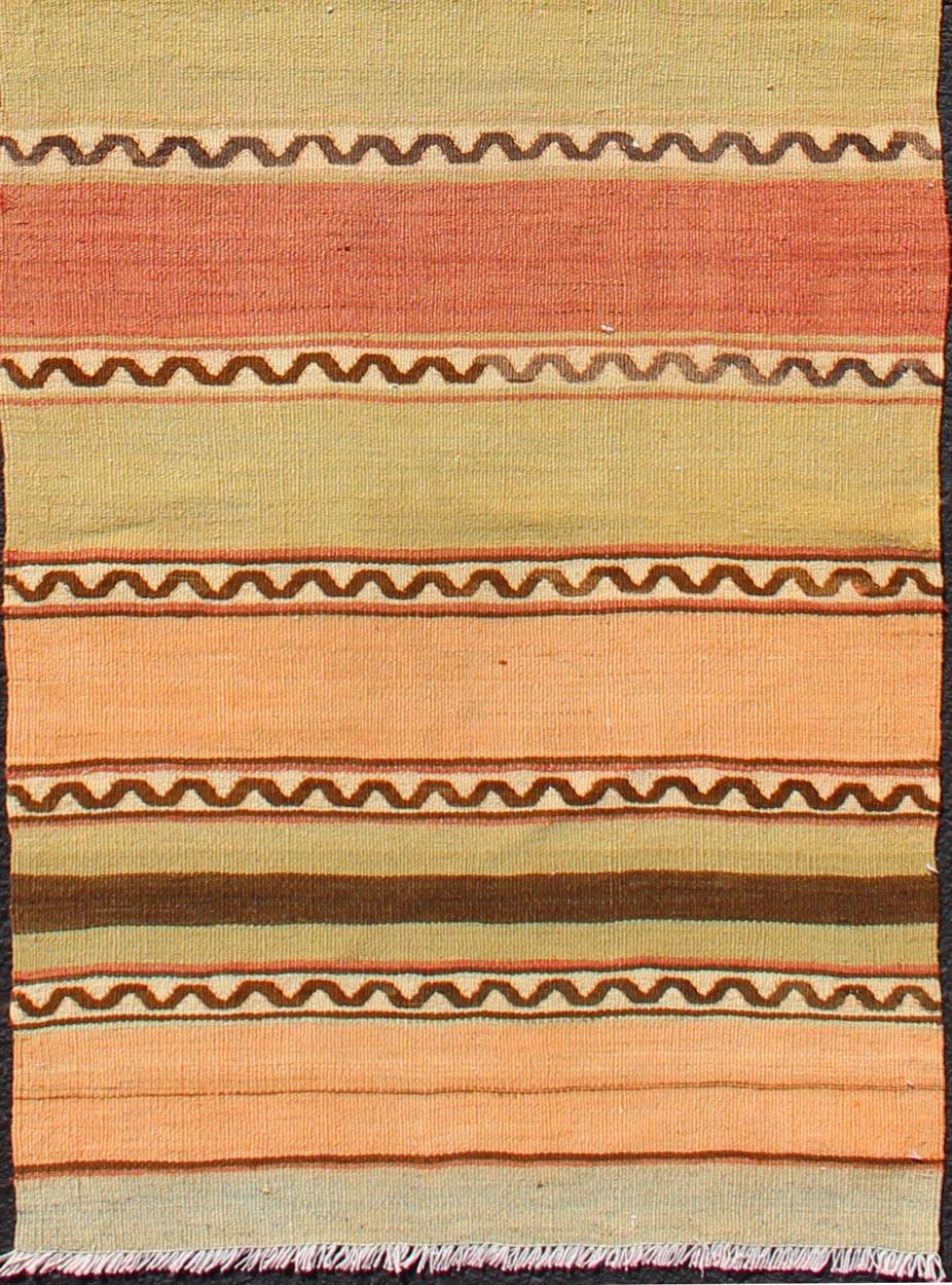 Hand-Woven Vintage Turkish Kilim Runner with Stripes in Red, Green, Yellow, and Orange For Sale