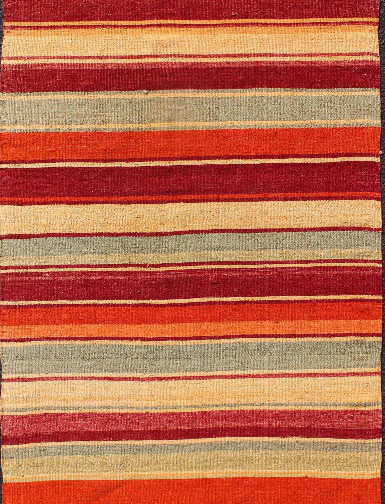 Hand-Woven Vintage Turkish Kilim Runner with Stripes in Red, Green, Yellow, and Orange For Sale