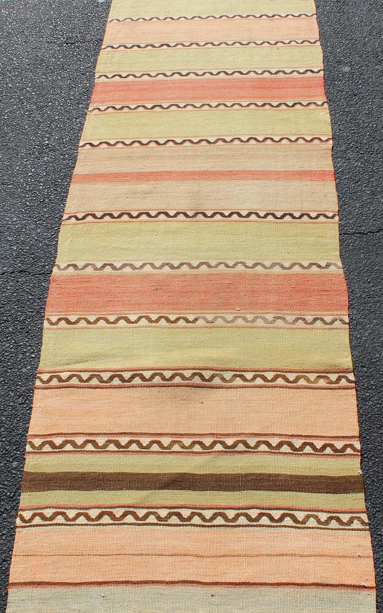 Vintage Turkish Kilim Runner with Stripes in Red, Green, Yellow, and Orange In Good Condition For Sale In Atlanta, GA