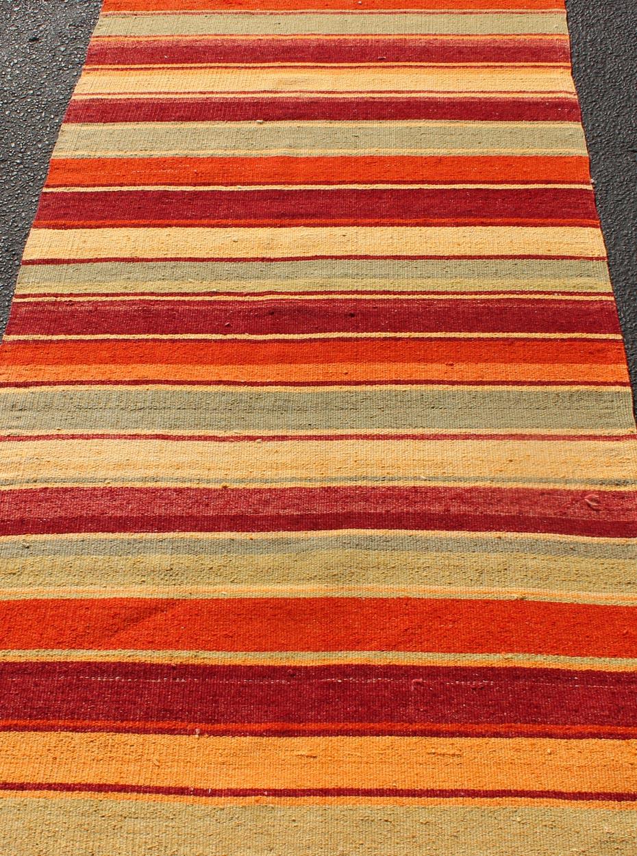 Vintage Turkish Kilim Runner with Stripes in Red, Green, Yellow, and Orange In Good Condition For Sale In Atlanta, GA