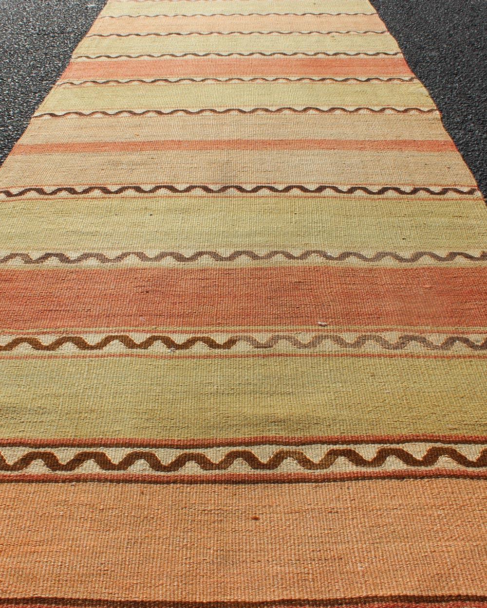 20th Century Vintage Turkish Kilim Runner with Stripes in Red, Green, Yellow, and Orange For Sale