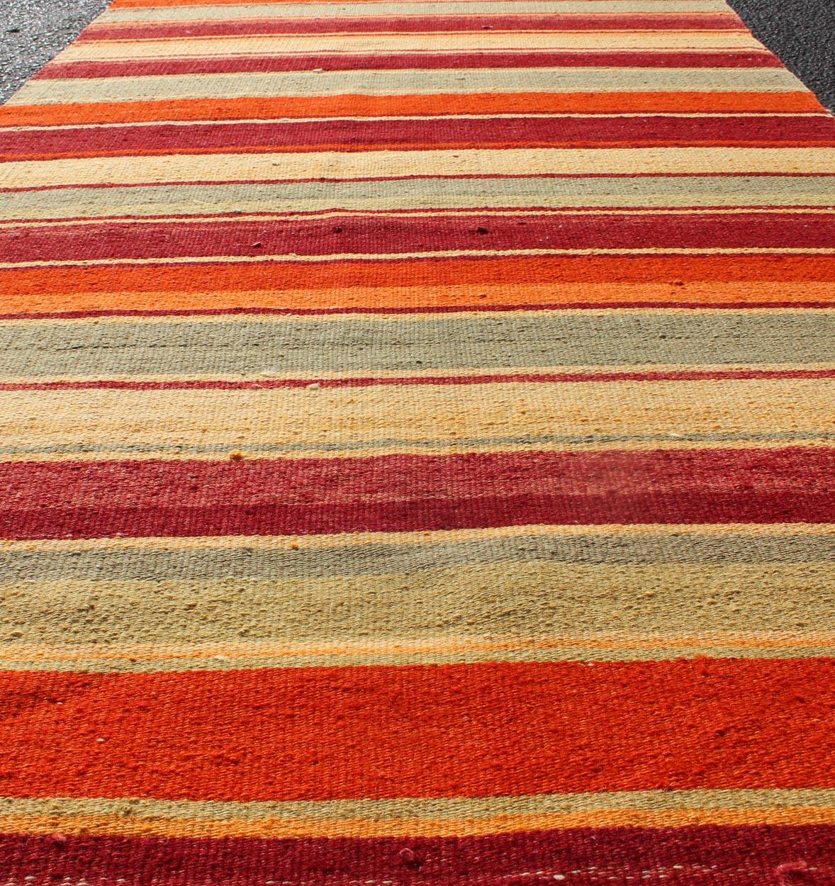 20th Century Vintage Turkish Kilim Runner with Stripes in Red, Green, Yellow, and Orange For Sale
