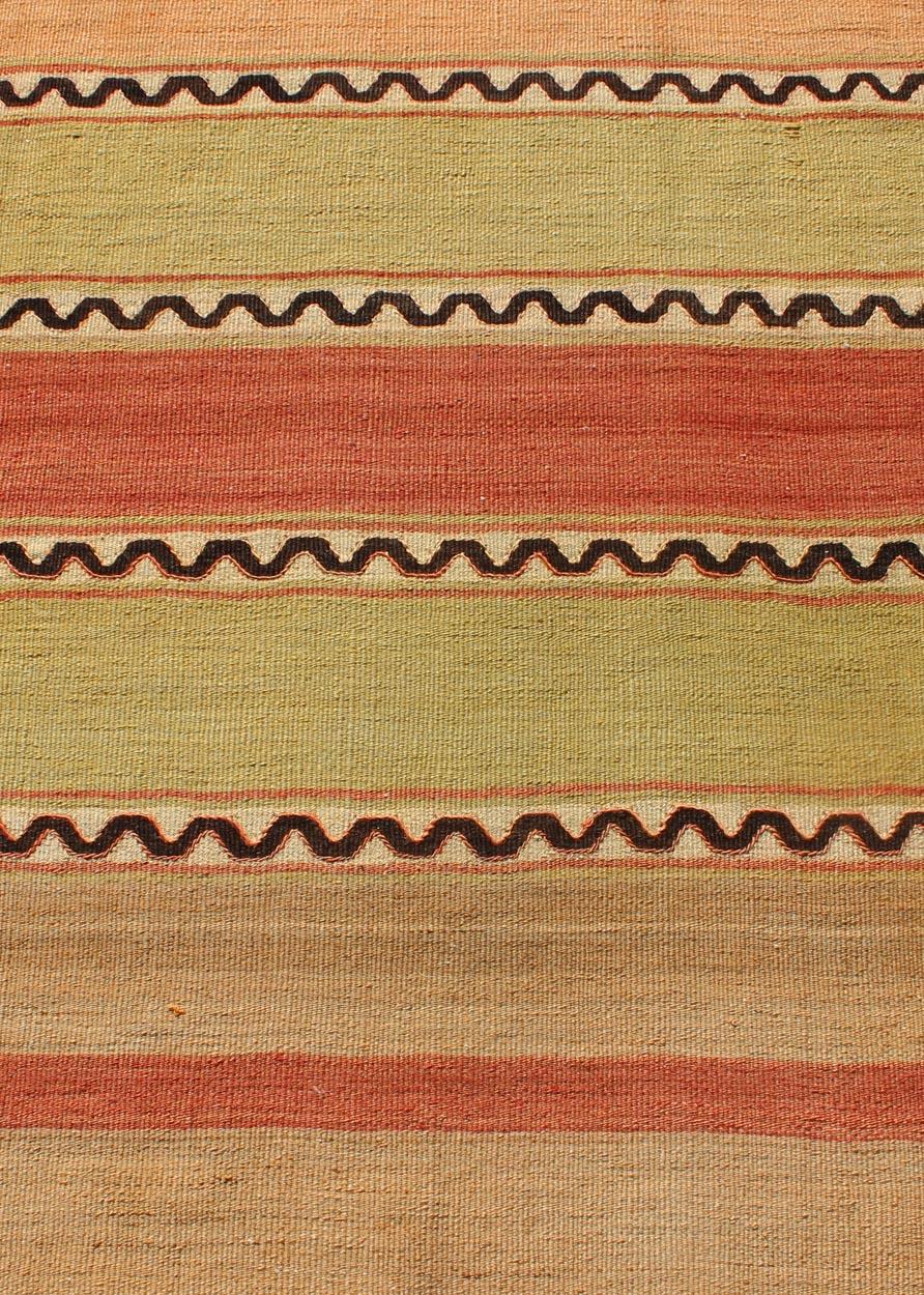 Wool Vintage Turkish Kilim Runner with Stripes in Red, Green, Yellow, and Orange For Sale
