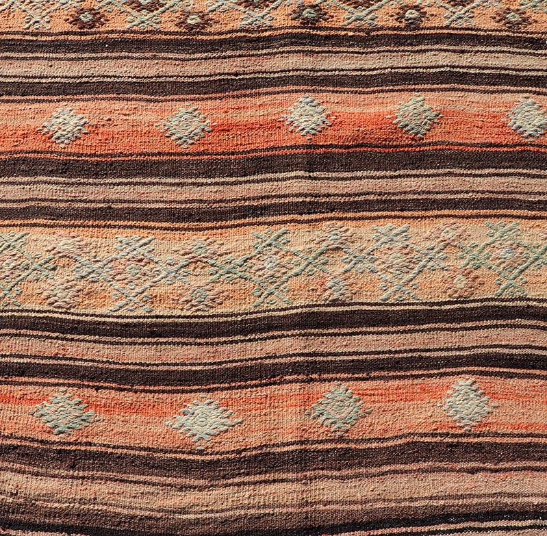 Hand-Woven Vintage Turkish Kilim Runner with Stripes in Tan, Brown, and Orange For Sale