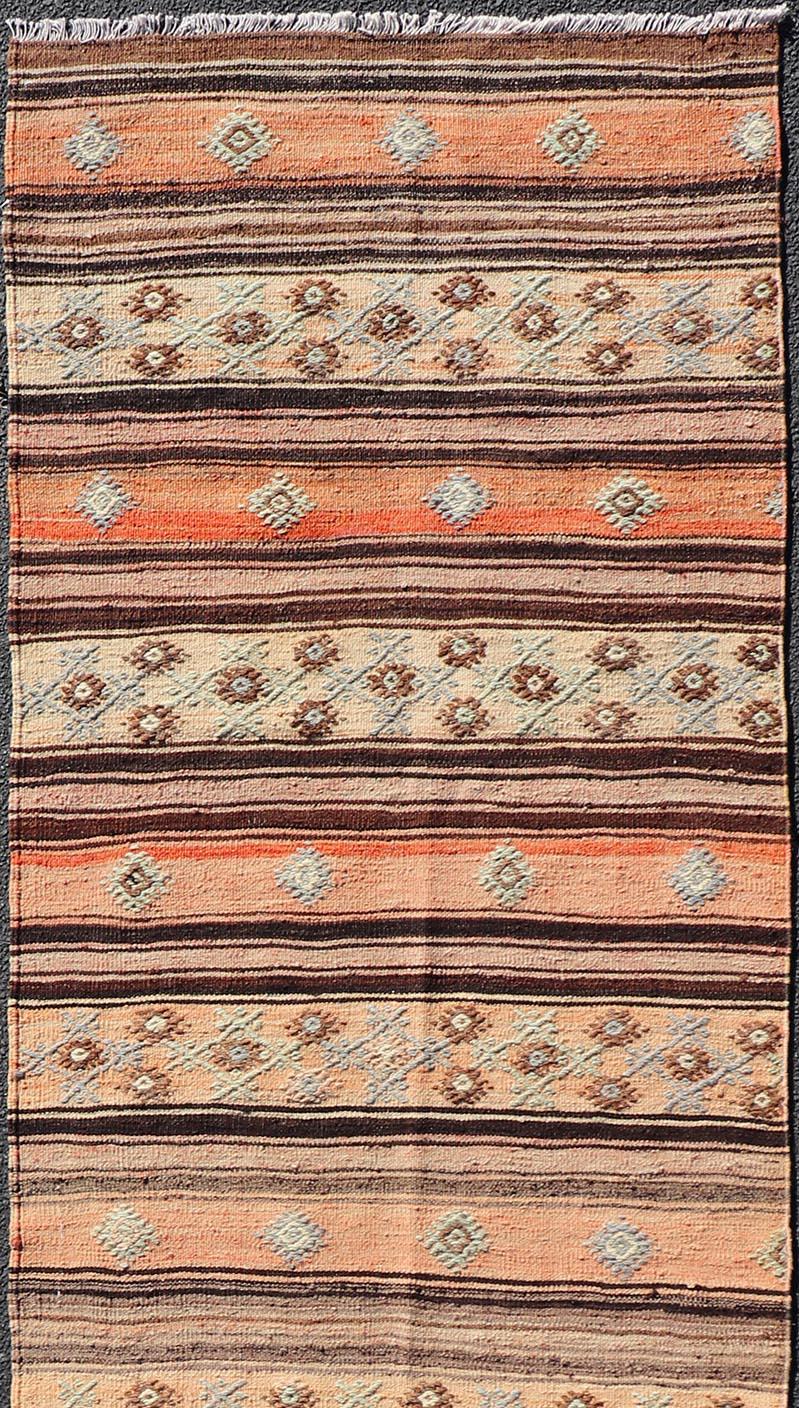 Vintage Turkish Kilim Runner with Stripes in Tan, Brown, and Orange In Good Condition For Sale In Atlanta, GA