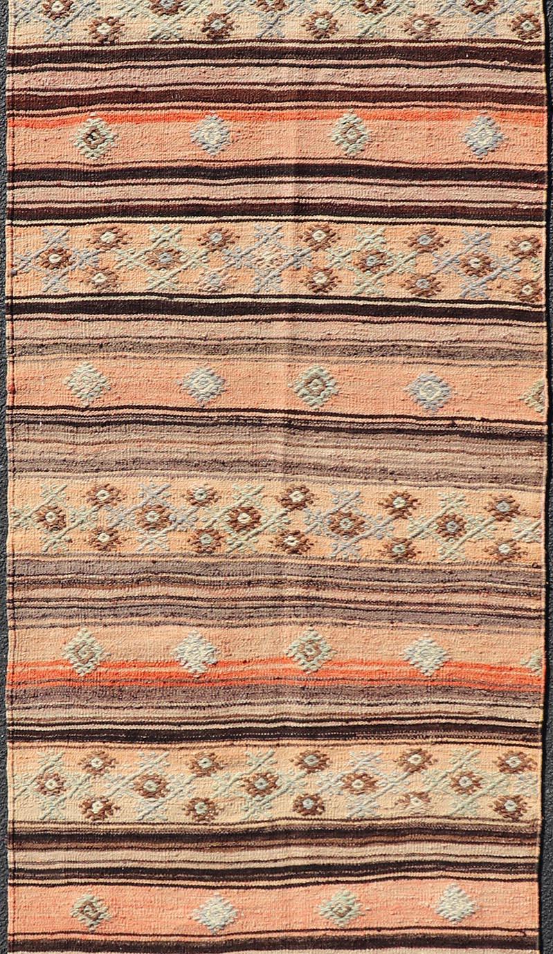 20th Century Vintage Turkish Kilim Runner with Stripes in Tan, Brown, and Orange For Sale