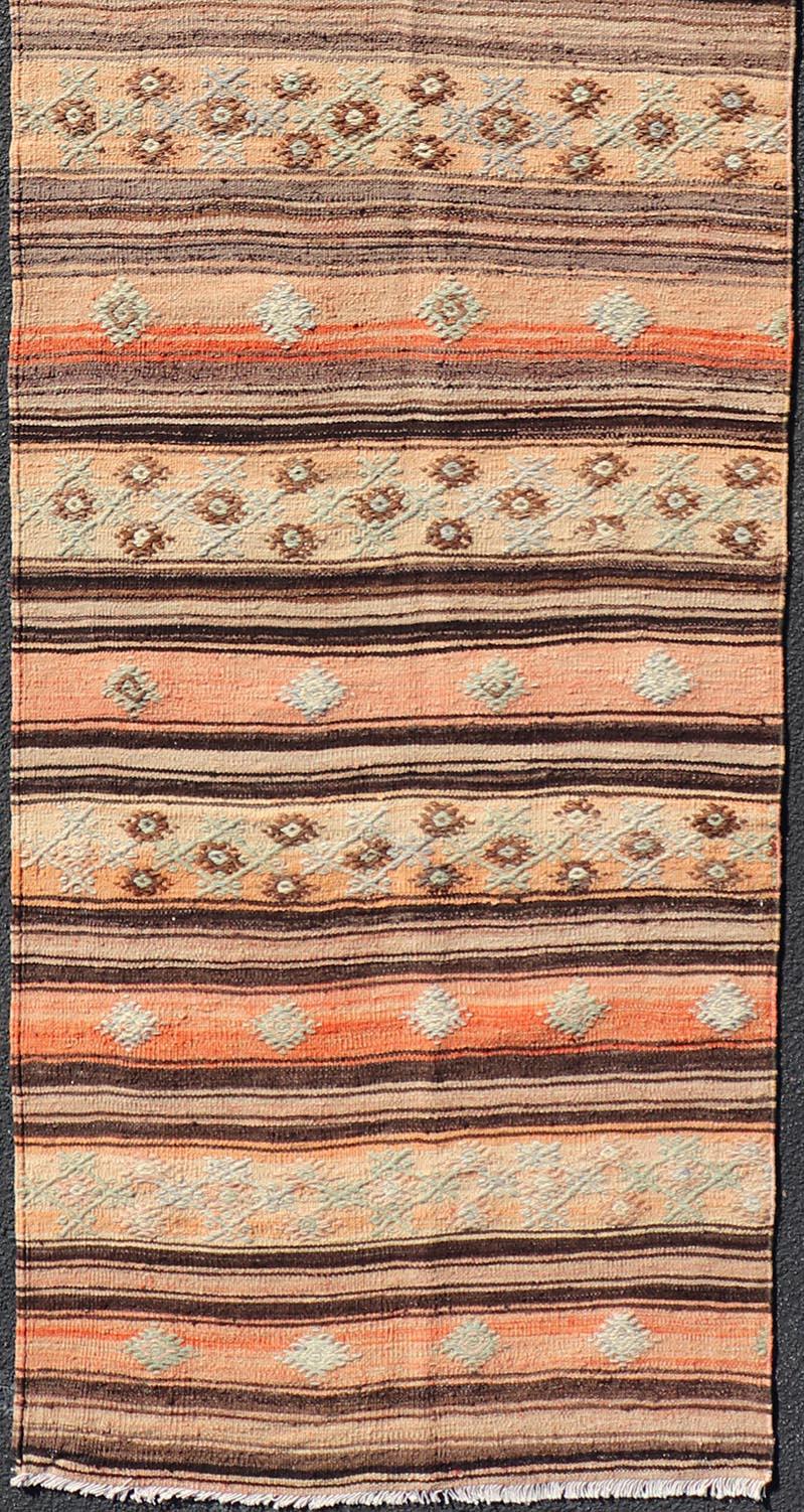Wool Vintage Turkish Kilim Runner with Stripes in Tan, Brown, and Orange For Sale