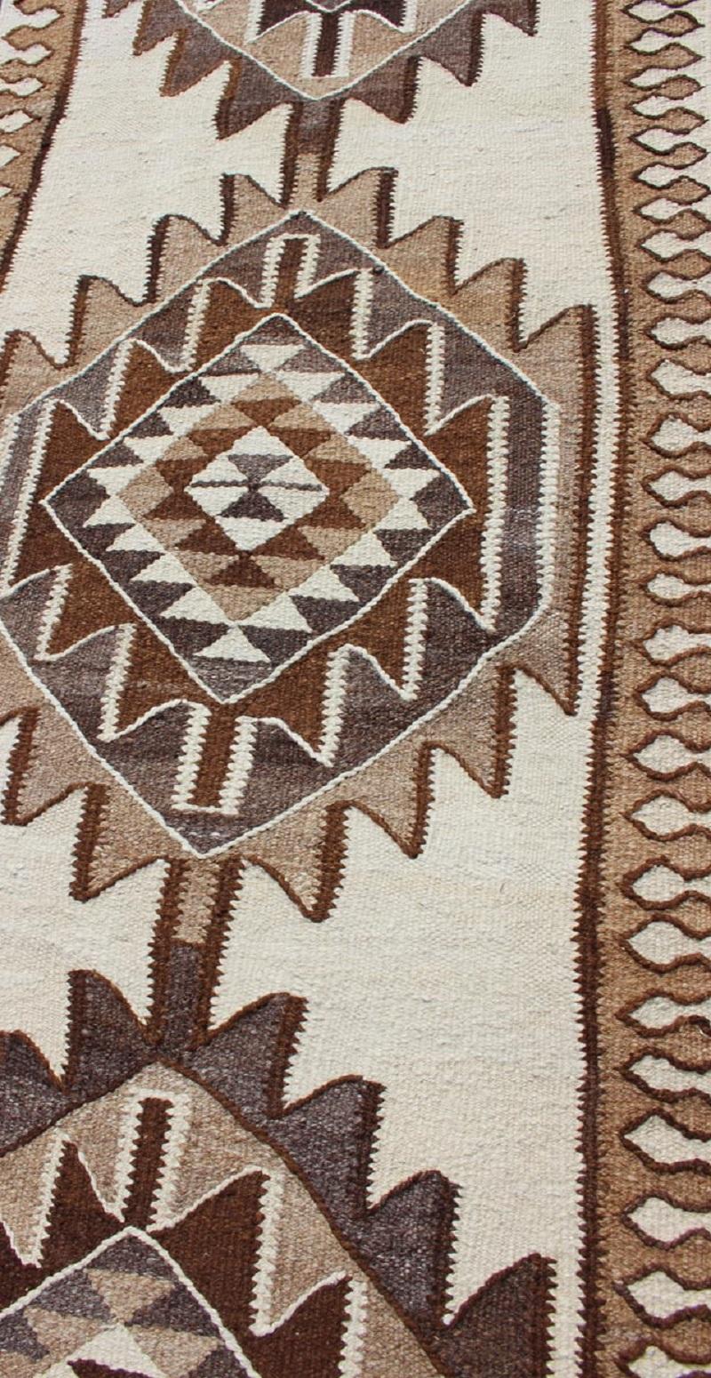 Vintage Turkish Kilim Runner with Tribal Medallions in Shades of Brown and Cream For Sale 4