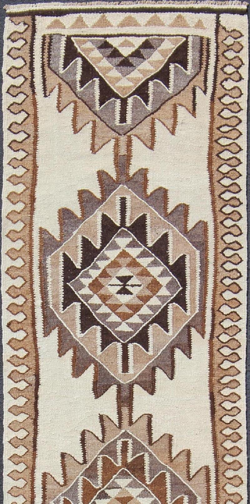 Vintage Turkish Kilim Runner with Tribal Medallions in Shades of Brown and Cream In Excellent Condition For Sale In Atlanta, GA