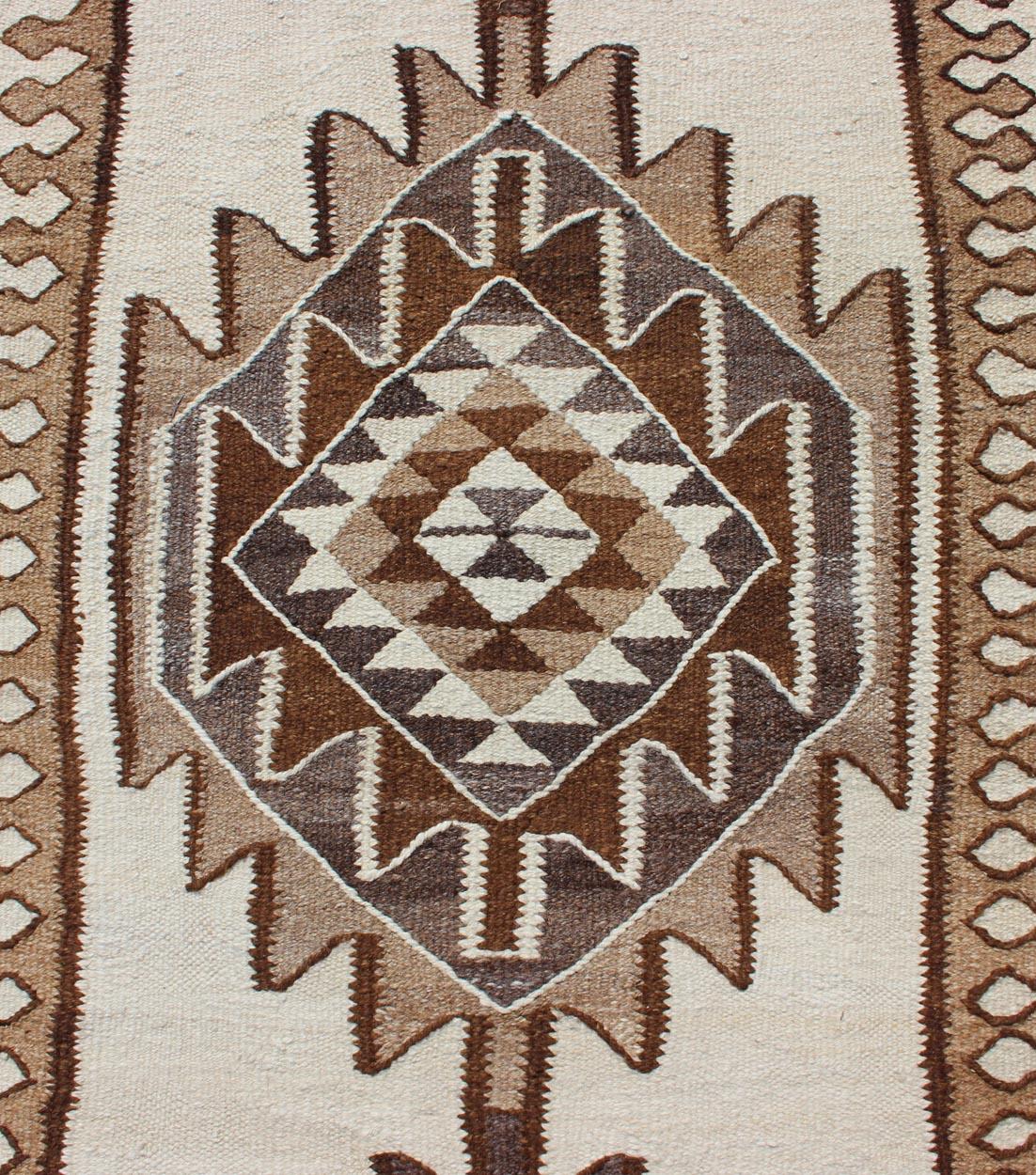 Vintage Turkish Kilim Runner with Tribal Medallions in Shades of Brown and Cream For Sale 1