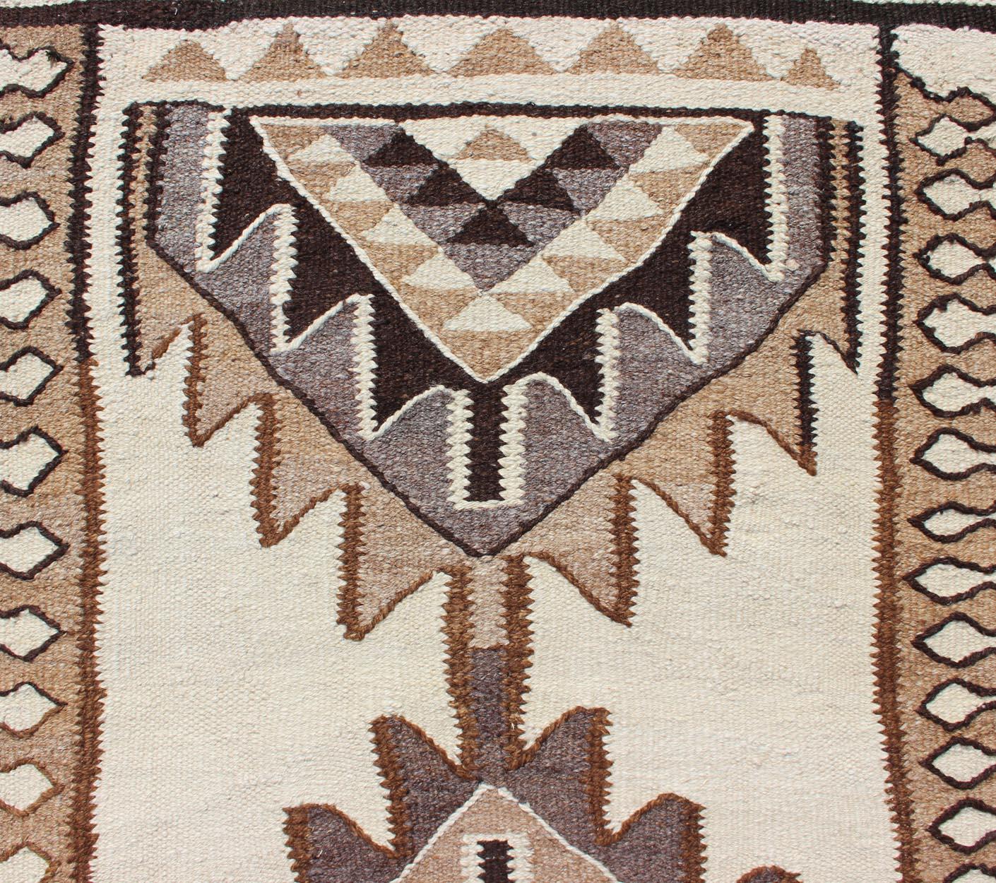 Vintage Turkish Kilim Runner with Tribal Medallions in Shades of Brown and Cream For Sale 2