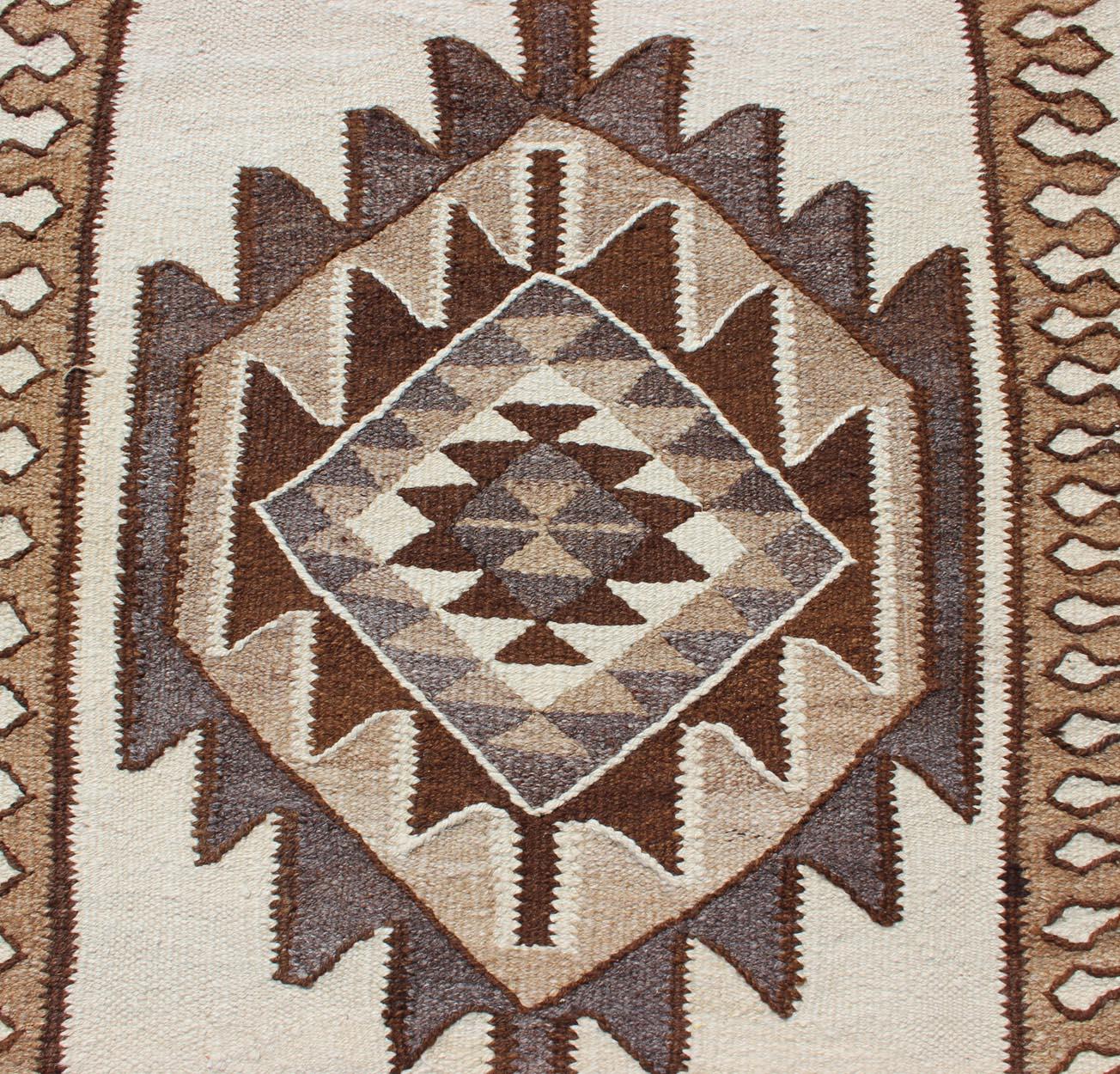Vintage Turkish Kilim Runner with Tribal Medallions in Shades of Brown and Cream For Sale 3