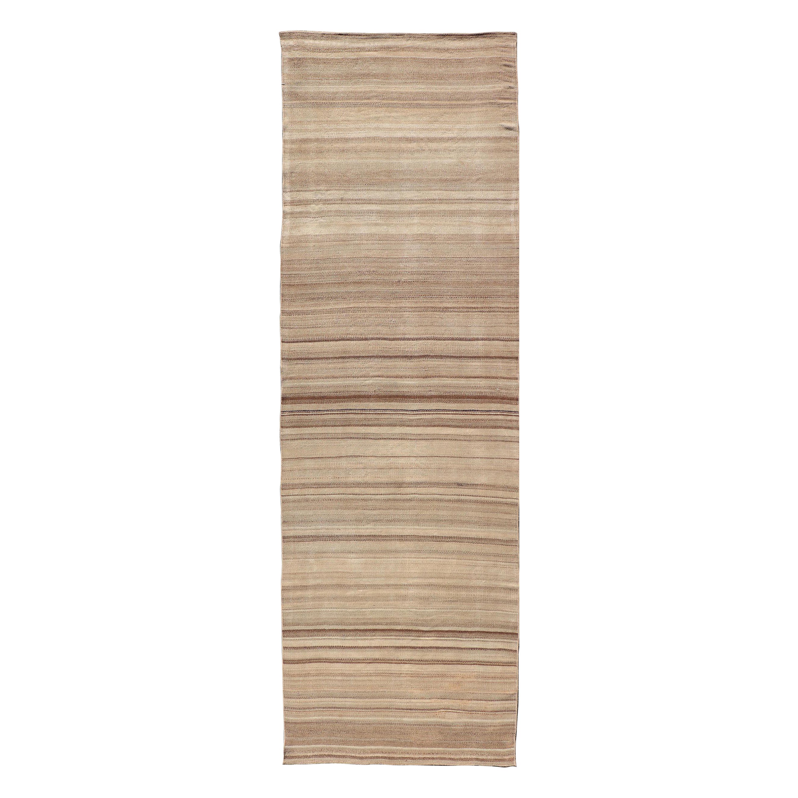 Vintage Turkish Kilim Runner with Warm Beige and Soft Brown Striped Design