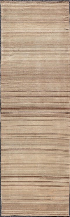 Vintage Turkish Kilim Runner with Warm Beige and Soft Brown Striped Design