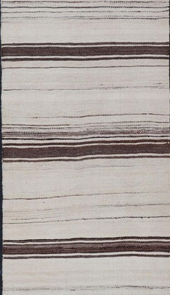 Vintage Turkish Kilim Small Runner with Ivory and Brown Stripes