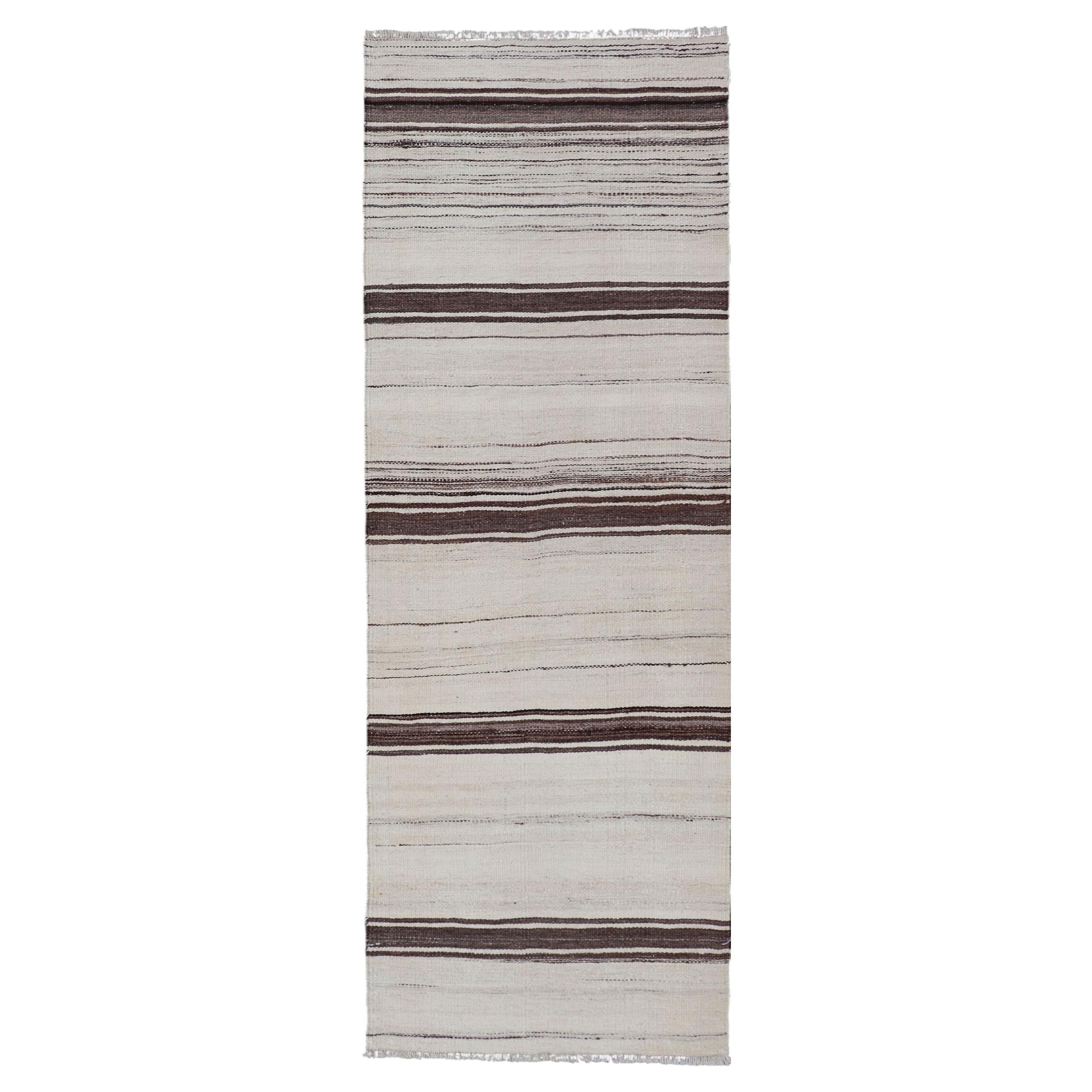 Vintage Turkish Kilim Small Runner with Ivory and Brown Stripes