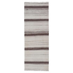 Vintage Turkish Kilim Small Runner with Ivory and Brown Stripes