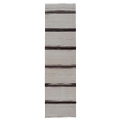 Vintage Turkish Kilim Small Runner with Ivory and Dark Brown Stripes