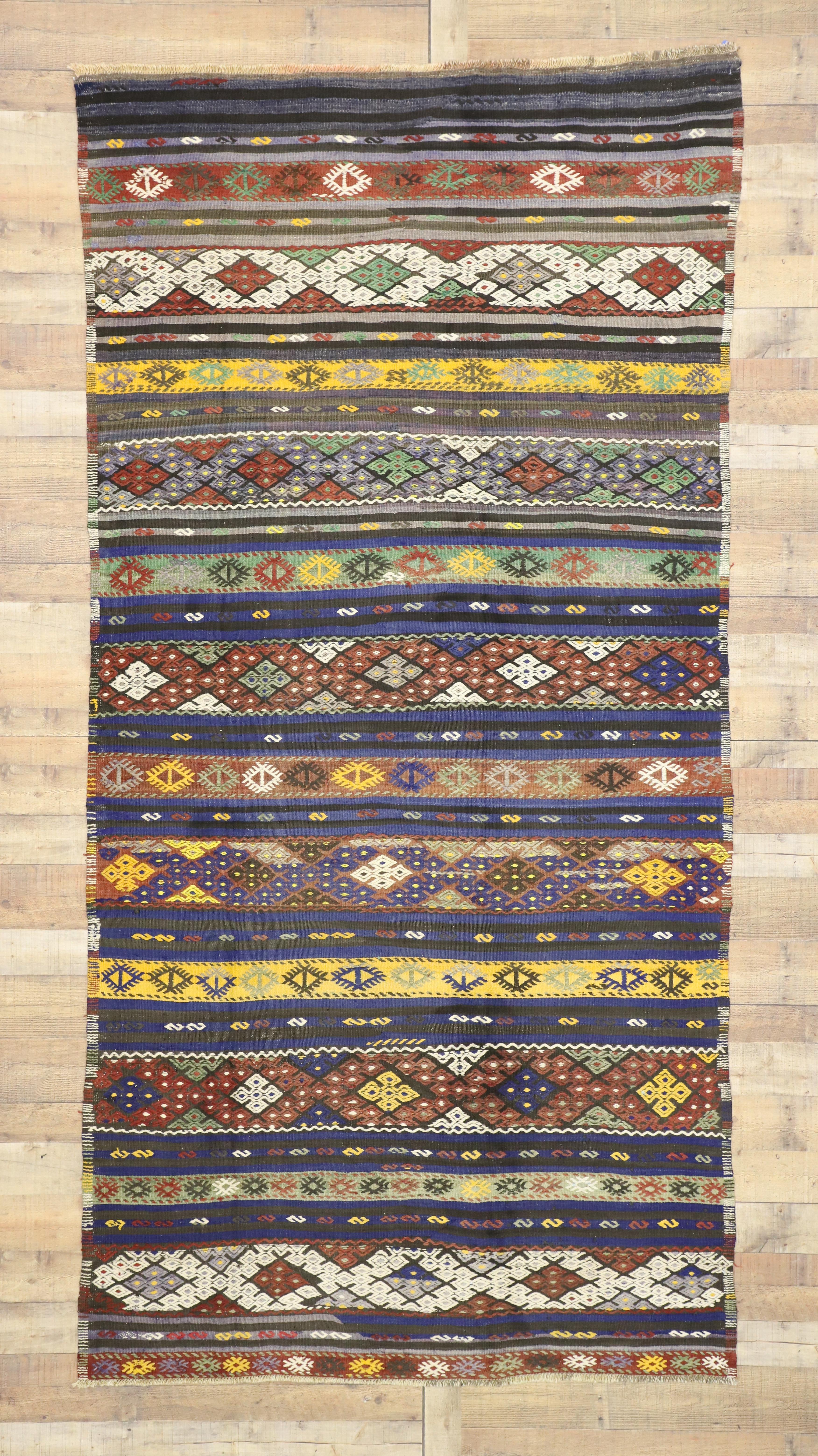 Vintage Turkish Kilim Striped Rug with Bohemian Tribal Style, Flat-Weave Rug 4