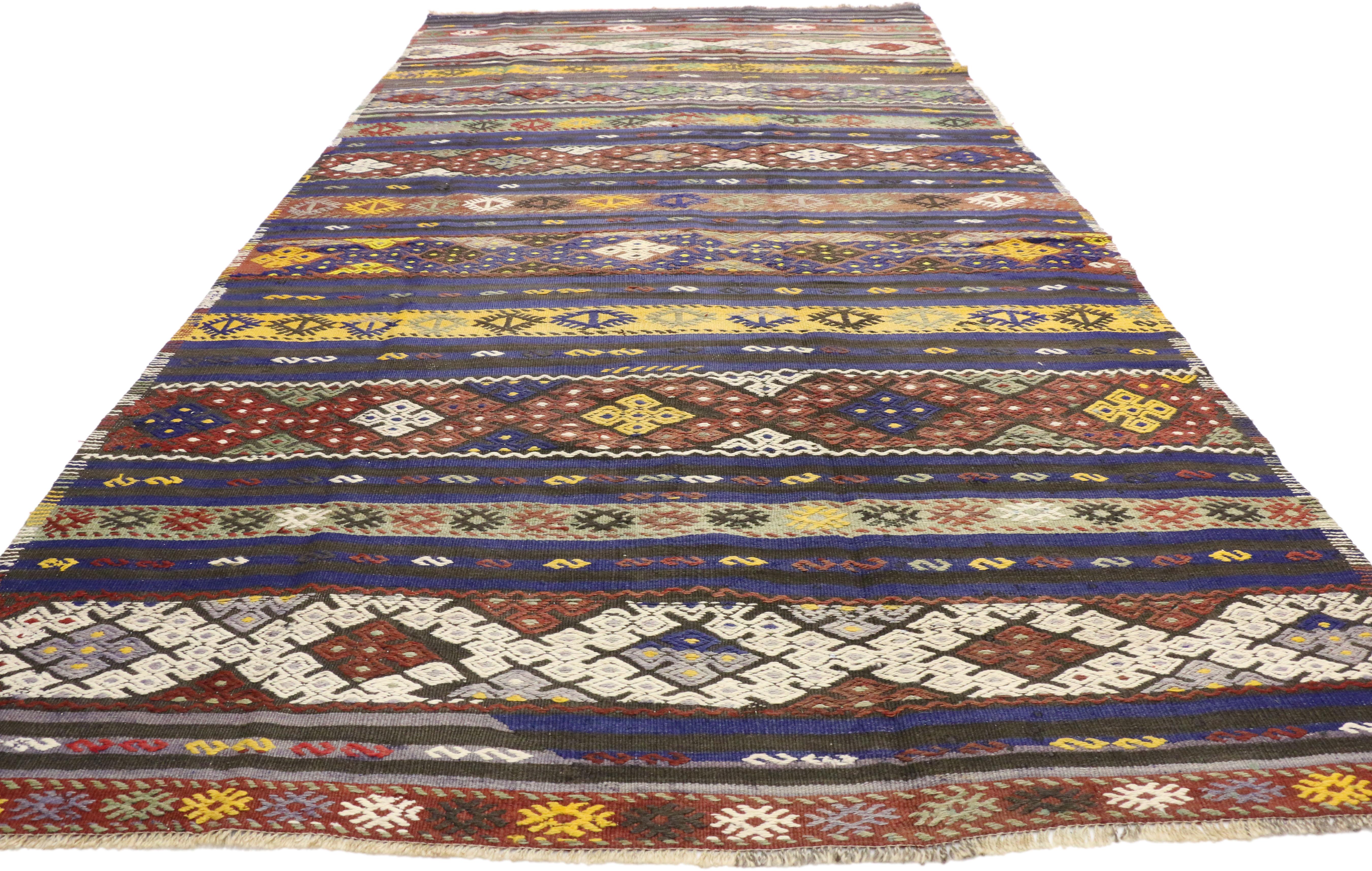 Hand-Woven Vintage Turkish Kilim Striped Rug with Bohemian Tribal Style, Flat-Weave Rug