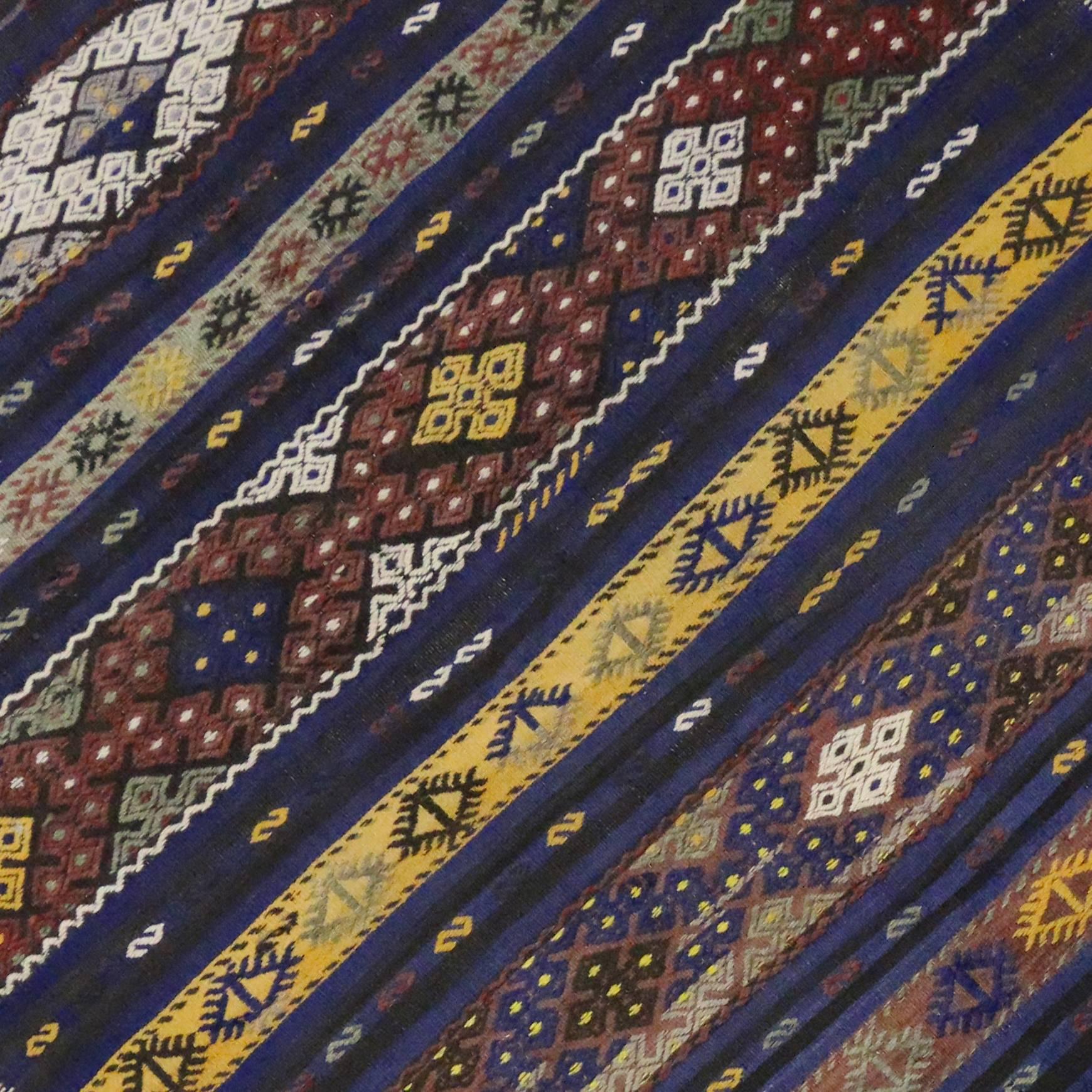 Wool Vintage Turkish Kilim Striped Rug with Bohemian Tribal Style, Flat-Weave Rug