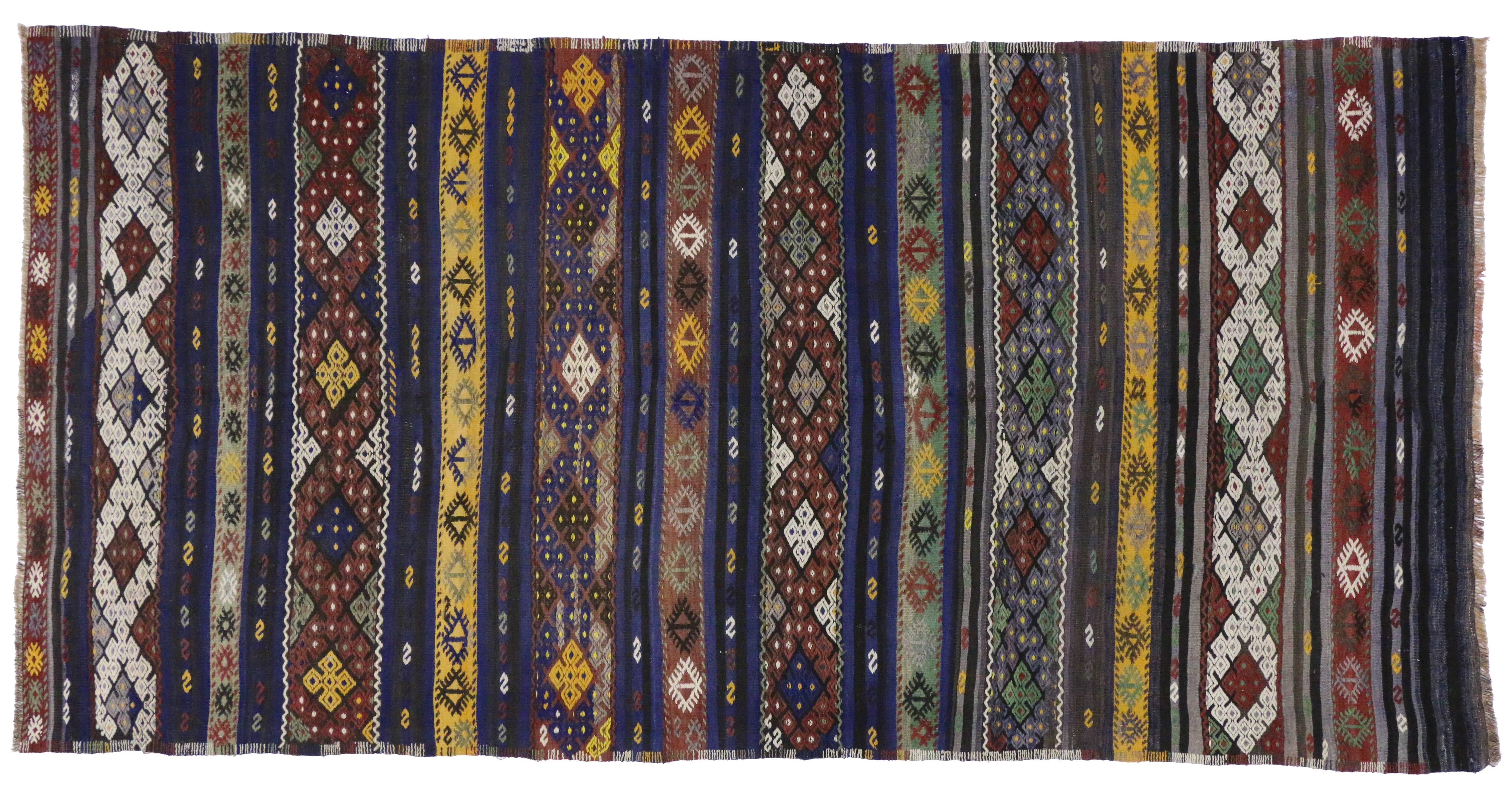 Vintage Turkish Kilim Striped Rug with Bohemian Tribal Style, Flat-Weave Rug 1