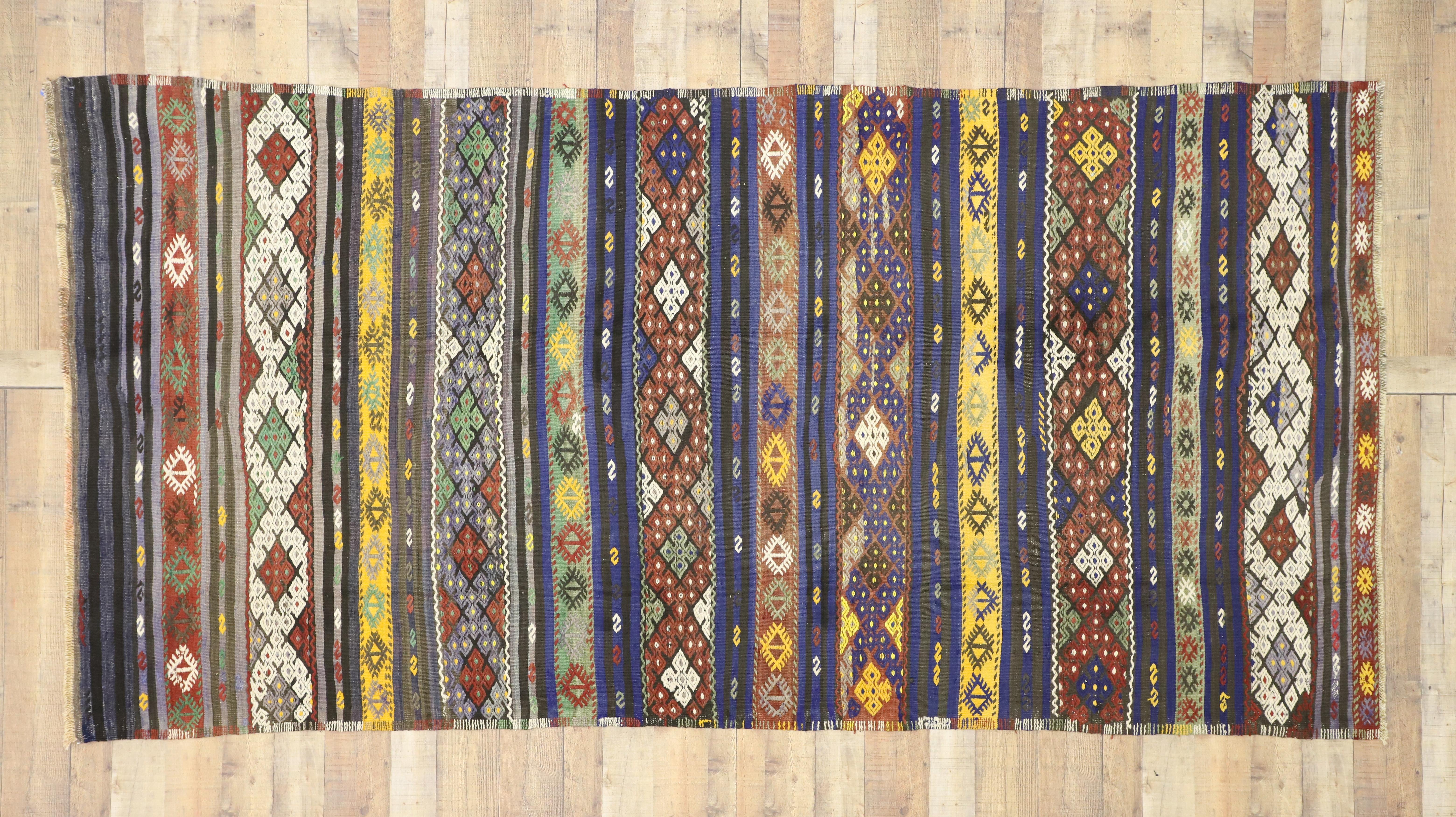 Vintage Turkish Kilim Striped Rug with Bohemian Tribal Style, Flat-Weave Rug 3