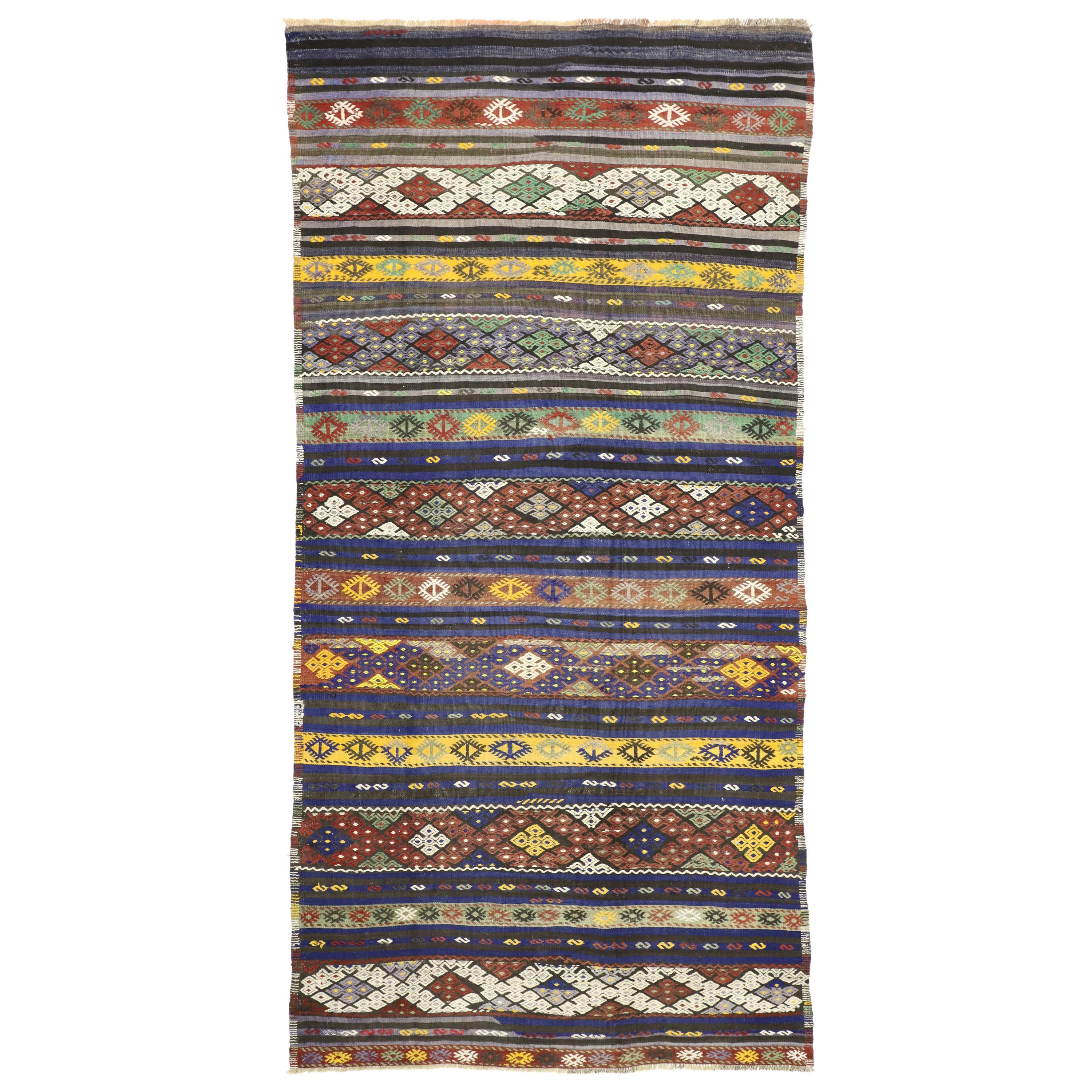 Vintage Turkish Kilim Striped Rug with Bohemian Tribal Style, Flat-Weave Rug
