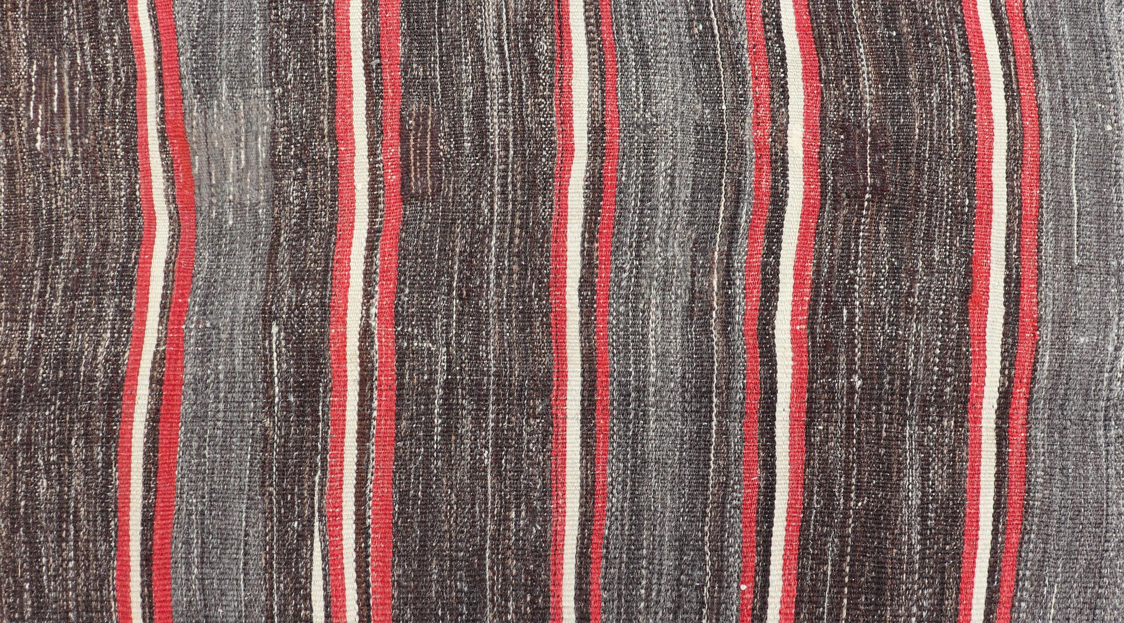 Vintage Turkish Kilim Wide Runner in Gray, Coral, Brown & Charcoal with Stripes 5
