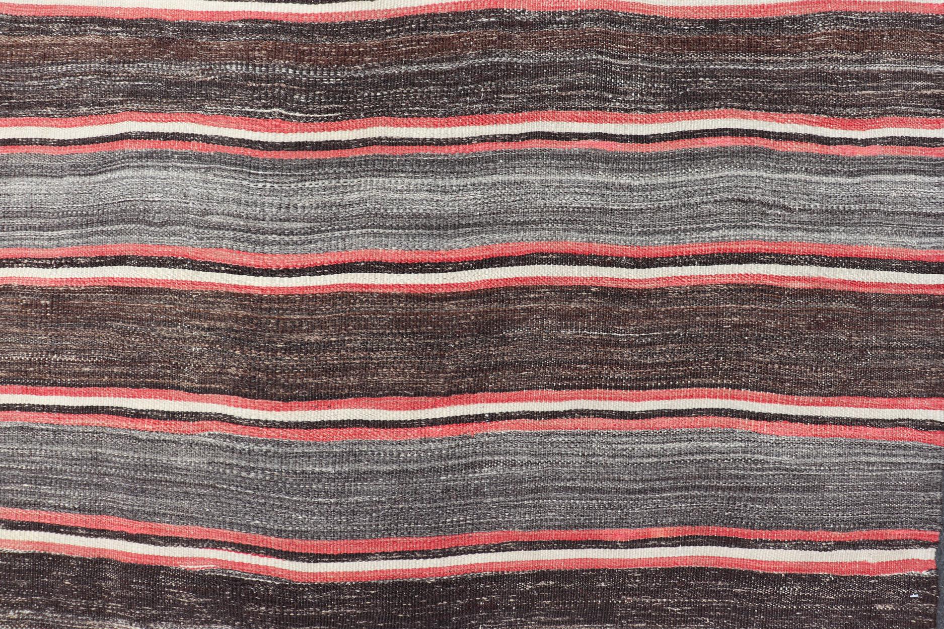 Vintage Turkish Kilim Wide Runner in Gray, Coral, Brown & Charcoal with Stripes 6